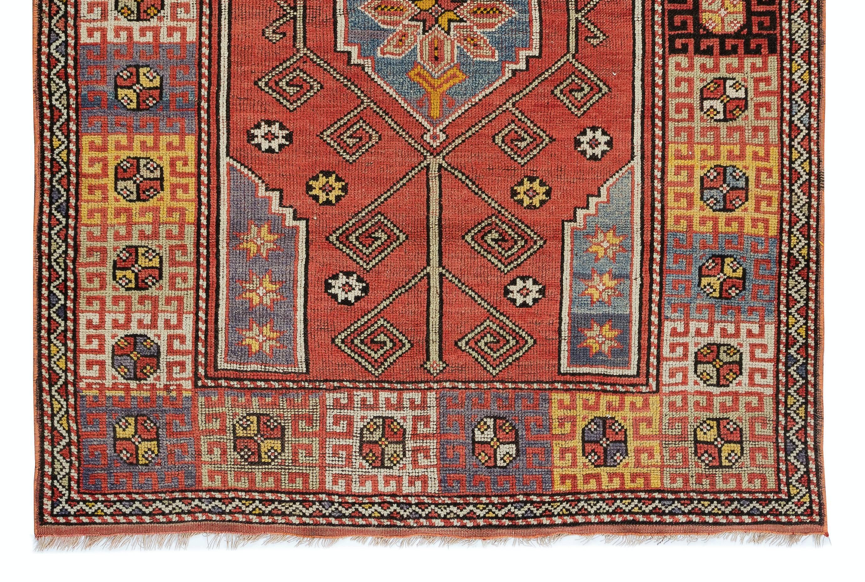 4.4x6 Ft One-of-a-Kind Vintage Handmade Turkish Rug in Red, Blue, Orange, Purple In Good Condition For Sale In Philadelphia, PA