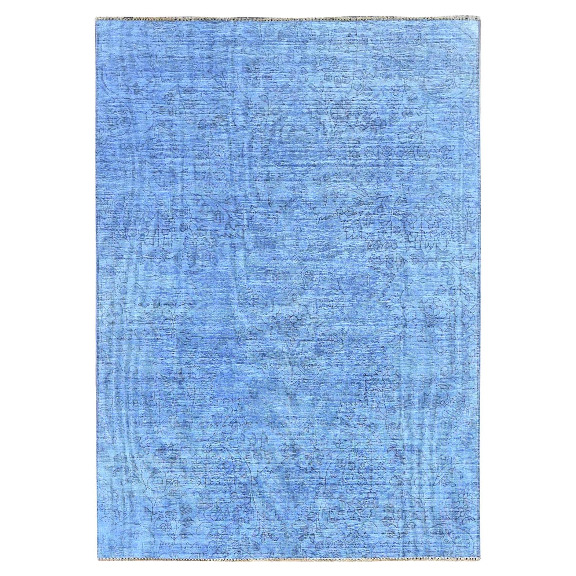 4'4"x6'3" Blue Worn Down Vintage Persian Distressed Hand Knotted 100% Wool Rug