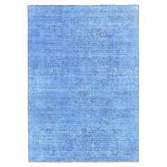 4'4"x6'3" Blue Worn Down Vintage Persian Distressed Hand Knotted 100% Wool Rug