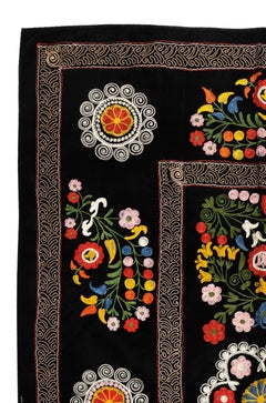 4.4x6.7 Ft Silk Embroidery Suzani Bed Cover, Black Wall Hanging, Floral Tapestry