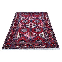 Tappeto rosso New Persian Hamadan in lana naturale con disegno etnico annodato a mano 4'4 "x6'8"