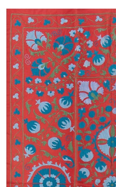 4.4x7 Ft Vintage Wall Hanging, Red Uzbek Tapestry, Embroidered Silk Bed Cover