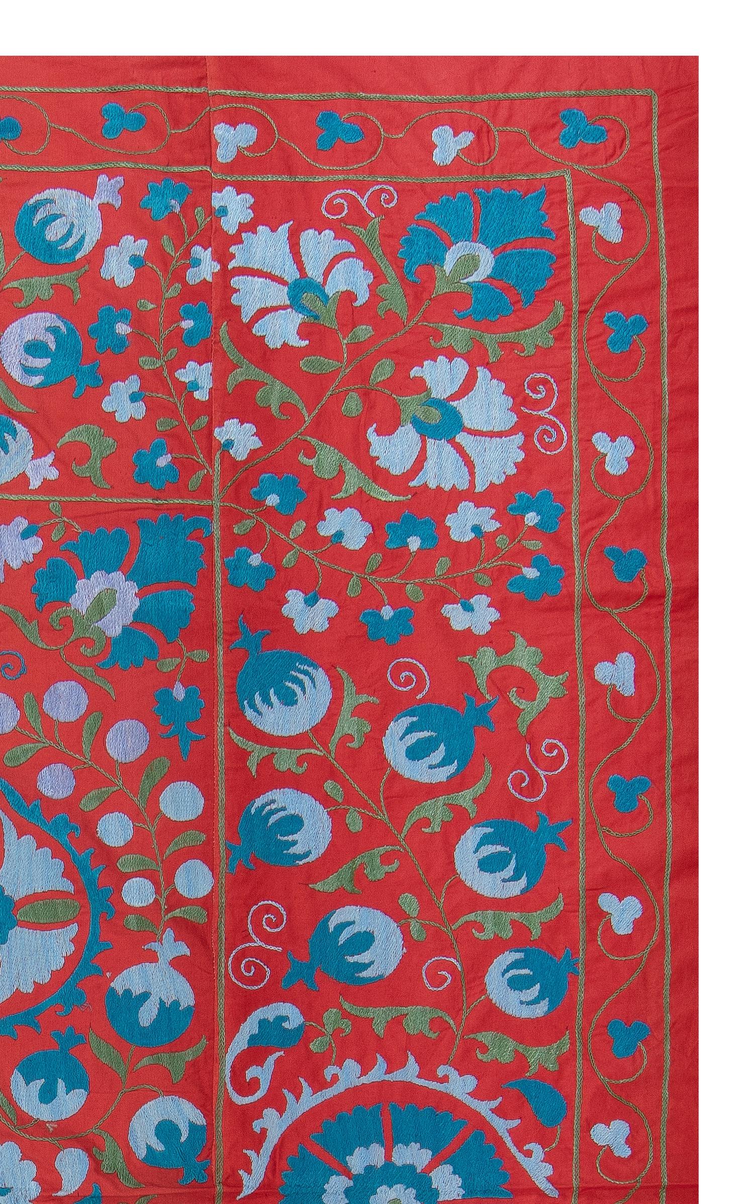 Suzani 4.4x7 Ft Vintage Wall Hanging, Red Uzbek Tapestry, Embroidered Silk Bed Cover For Sale