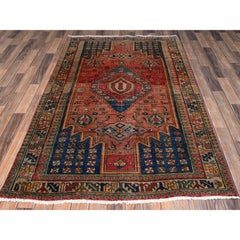 4'4"x7' Sunset Colors Vintage Zoroastrian Shiraz Hand Knotted Wool Oriental Rug
