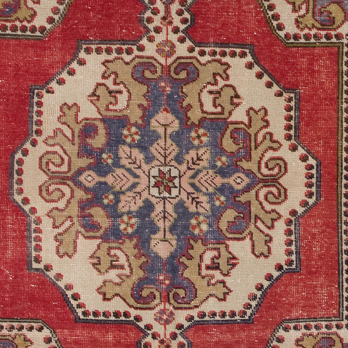 Tribal 4.4x7.2 Ft Unique Anatolian Accent Rug with Floral Border. Red, Beige and Blue For Sale