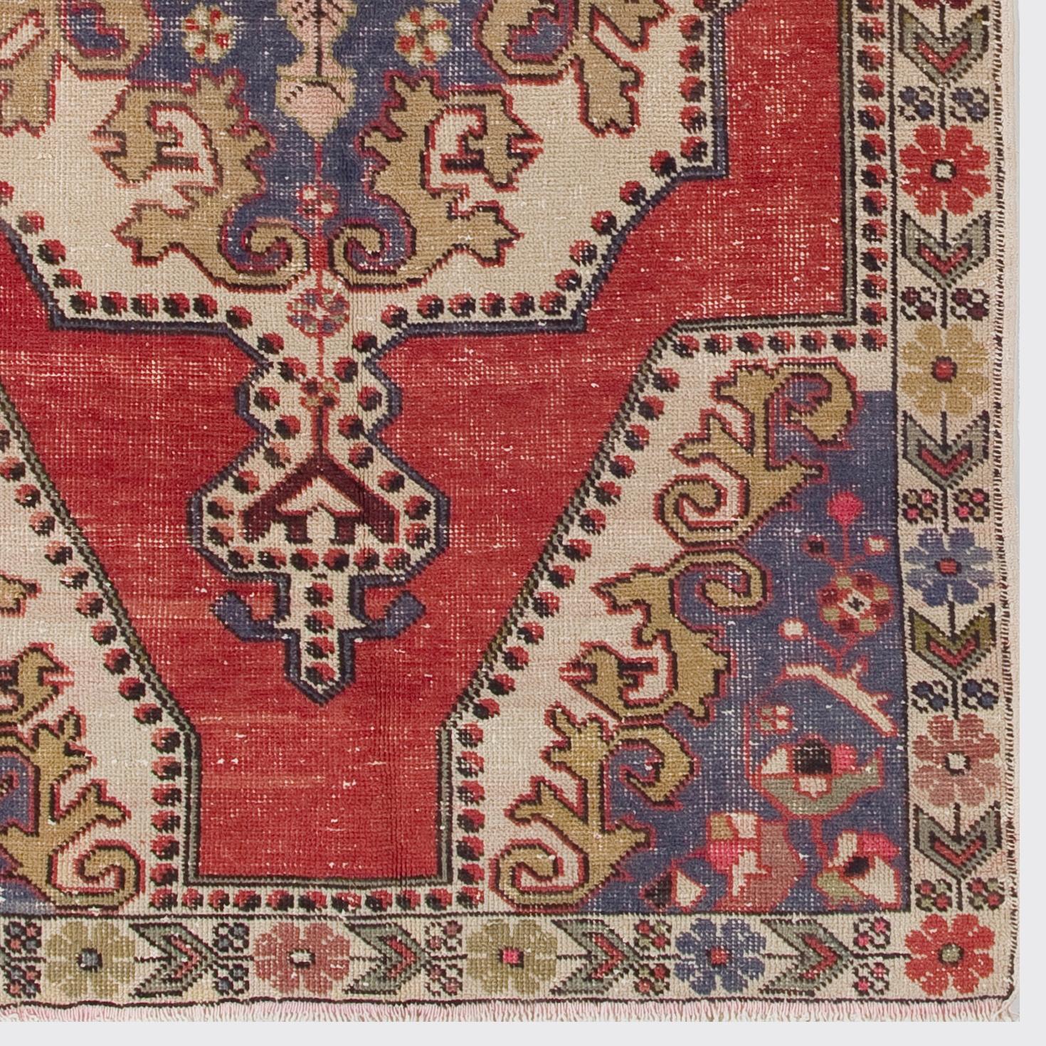 Turkish 4.4x7.2 Ft Unique Anatolian Accent Rug with Floral Border. Red, Beige and Blue For Sale