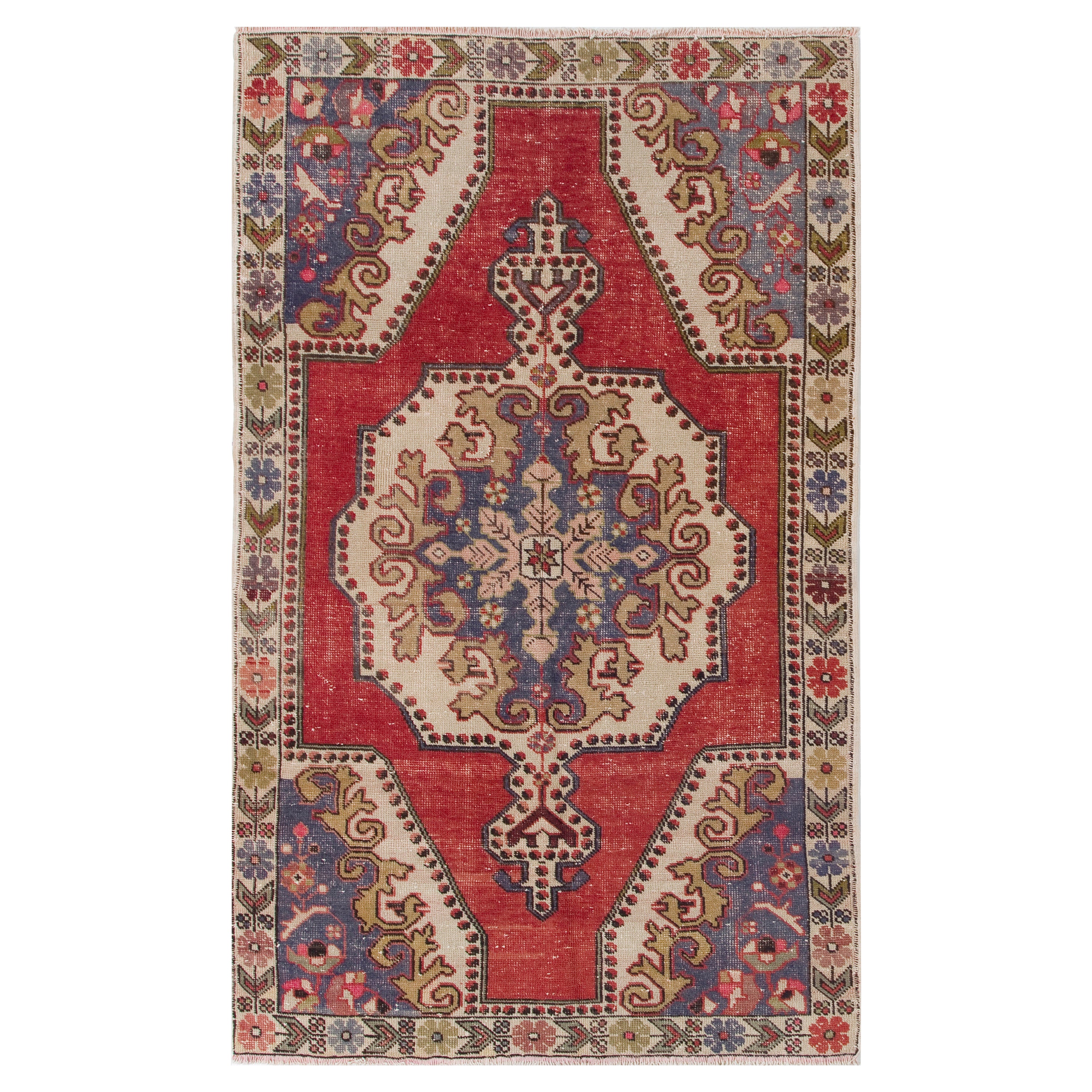 4.4x7.2 Ft Einzigartiger anatolischer Akzentteppich mit floraler Bordüre. Rote, beige und blaue