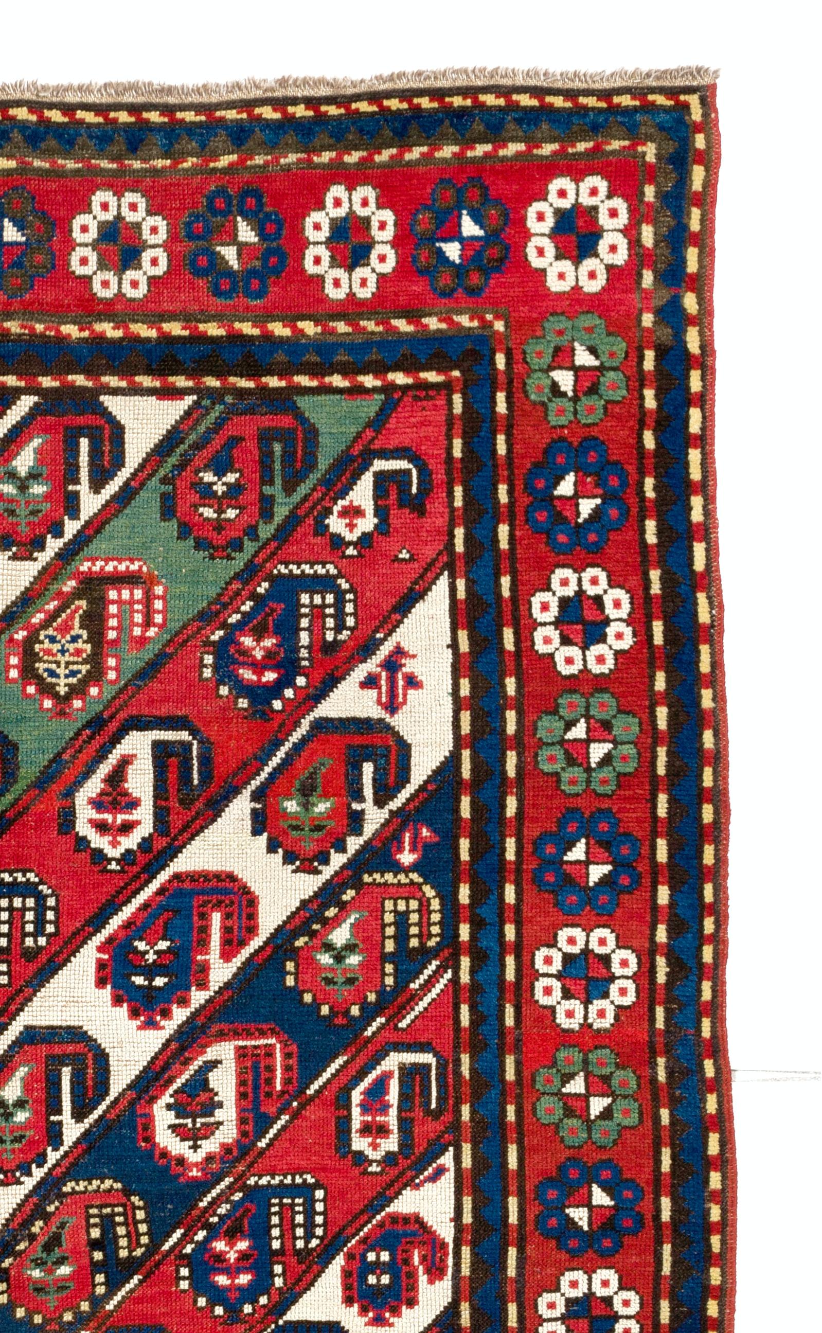 Hand-Knotted Antique Caucasian Gendje Kazak Rug with Diagonal Stripes For Sale