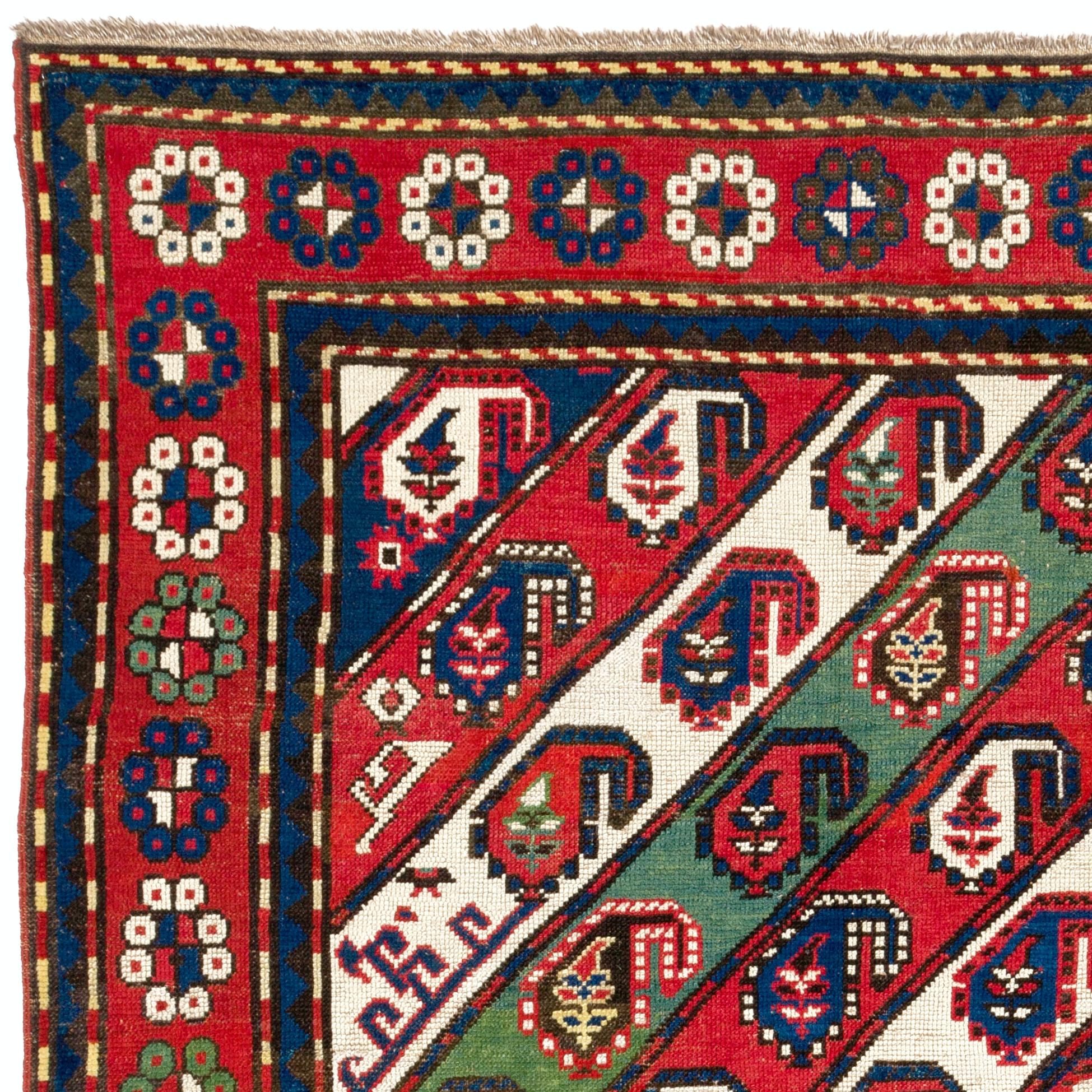 Hand-Knotted 4.4x7.3 Ft Antique Caucasian Gendje Kazak Rug with Diagonal Stripes For Sale