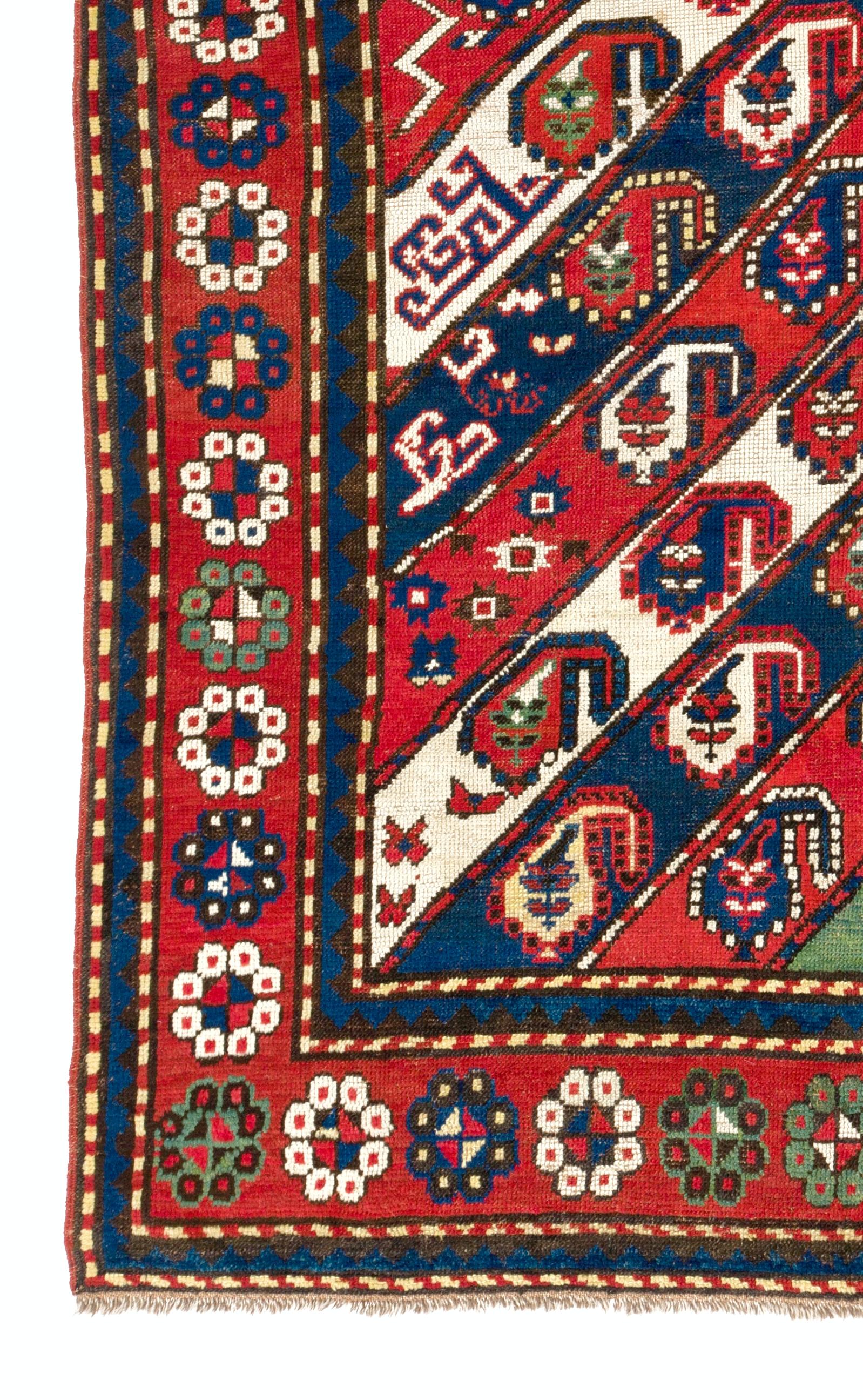 Antique Caucasian Gendje Kazak Rug with Diagonal Stripes In Good Condition For Sale In Philadelphia, PA