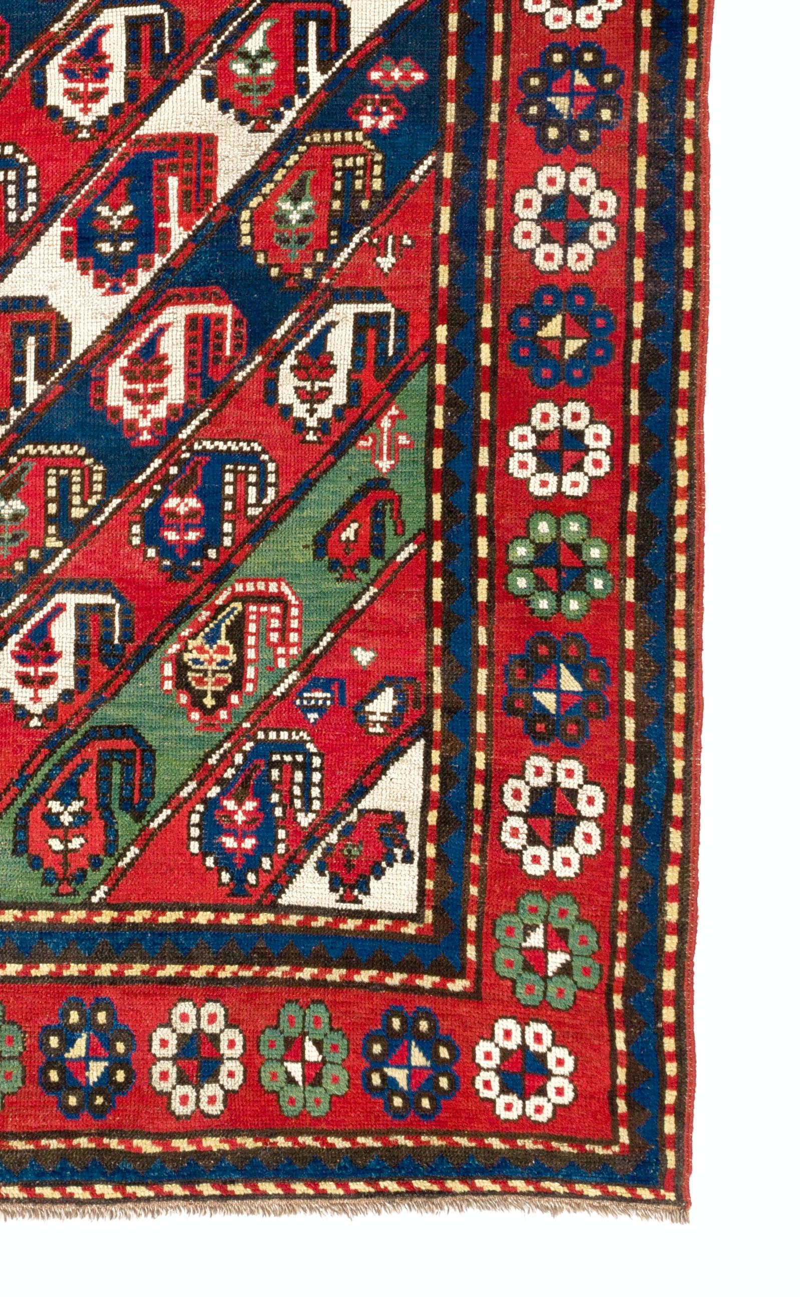 19th Century Antique Caucasian Gendje Kazak Rug with Diagonal Stripes For Sale