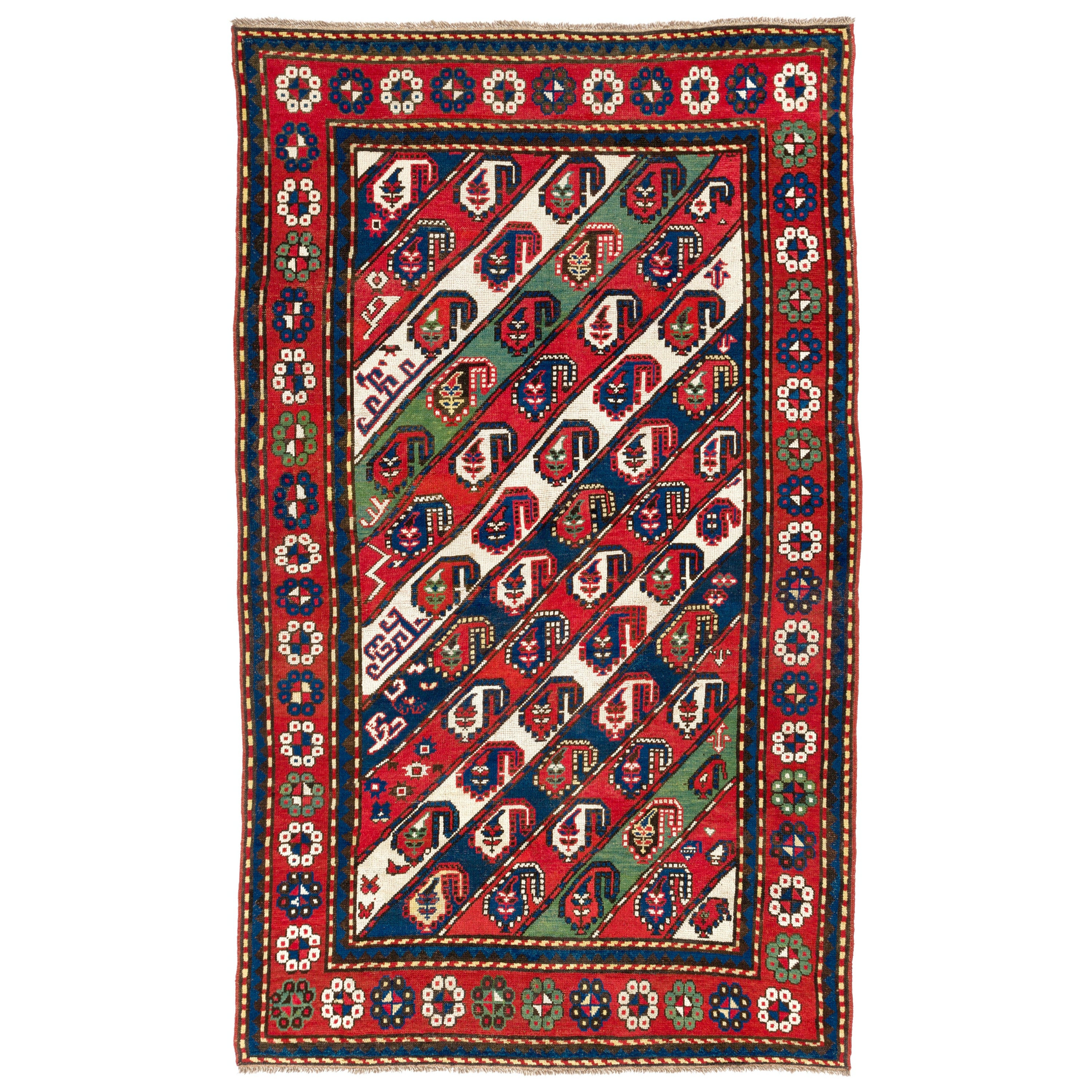 Antiker kaukasischer Gendje Kazak-Teppich mit Diagonalstreifen 4.4x7.3 Ft