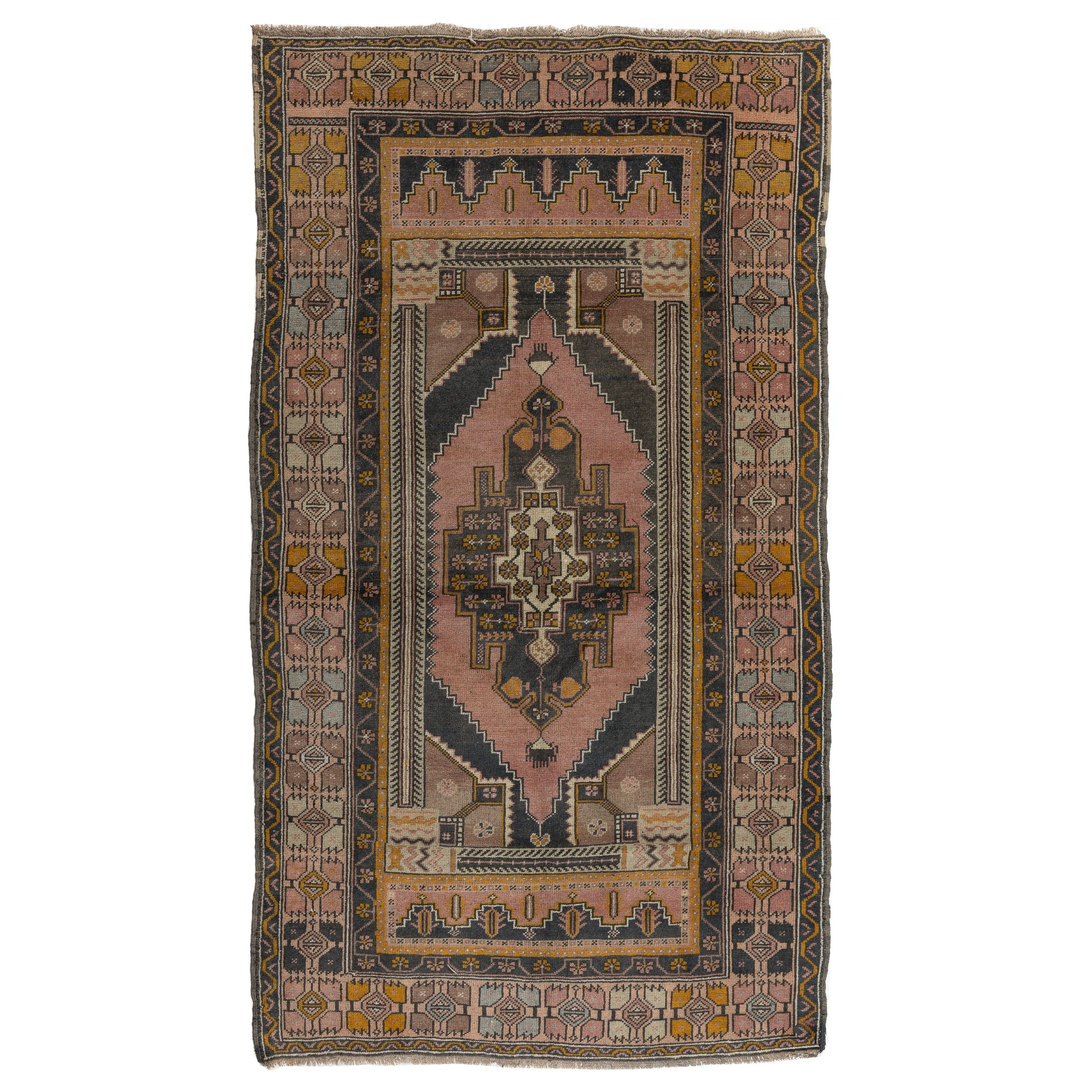 4.4x7.3 Ft Handgefertigter türkischer Einzigartiger Teppich aus der Mitte des Jahrhunderts mit Stammesstils