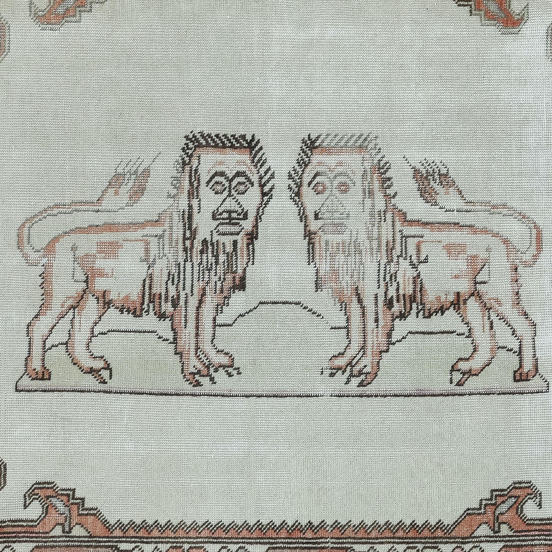 Hand-Woven 4.4x7.3 Ft Vintage Turkish Lion Pictorial Pattern Rug, Hand Knotted Wall Hanging