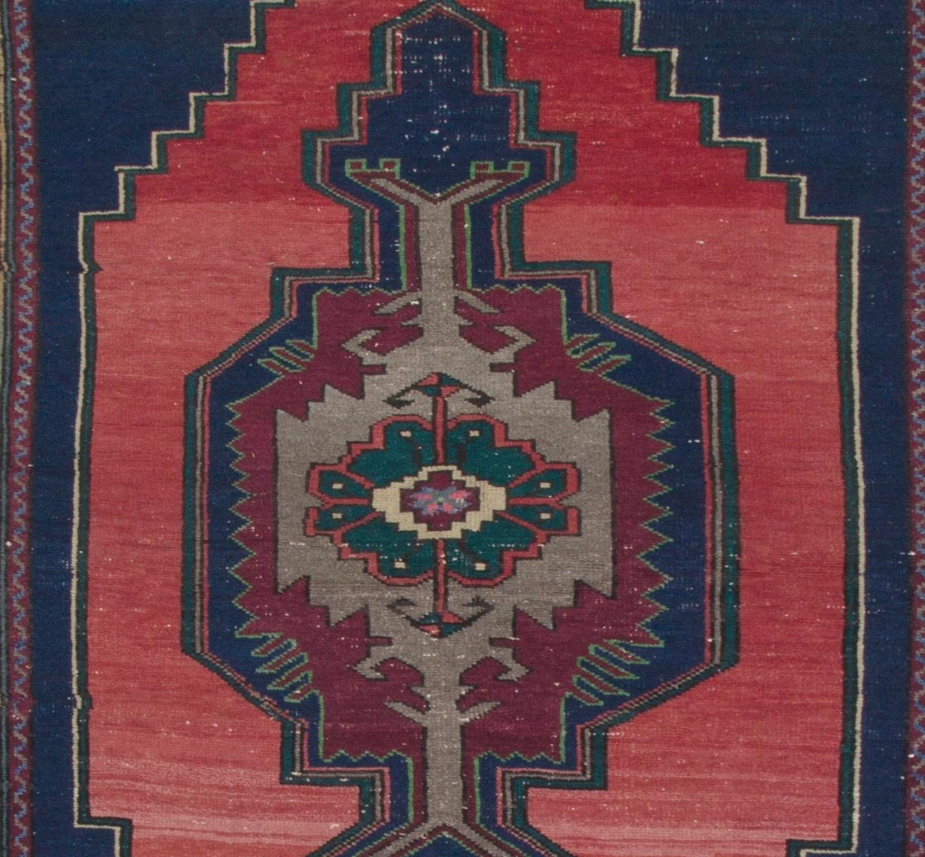 Hand-Knotted 4.4x7.4 Ft Handmade Anatolian Tribal Wool Rug in Navy Blue, Red, Green & Gray For Sale