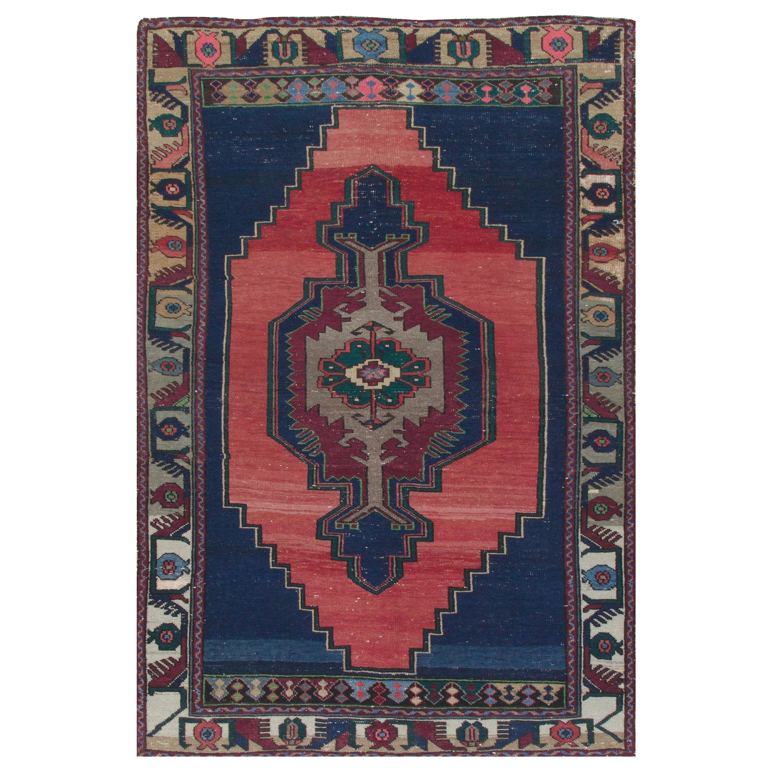 4.4x7.4 Ft Handmade Anatolian Tribal Wool Rug in Navy Blue, Red, Green & Gray For Sale