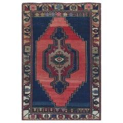 Vintage 4.4x7.4 Ft Handmade Anatolian Tribal Wool Rug in Navy Blue, Red, Green & Gray