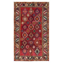 4'4"x7'4" Red Vintage Persian Shiraz Caucasian Gul Design Hand Knotted Wool Rug