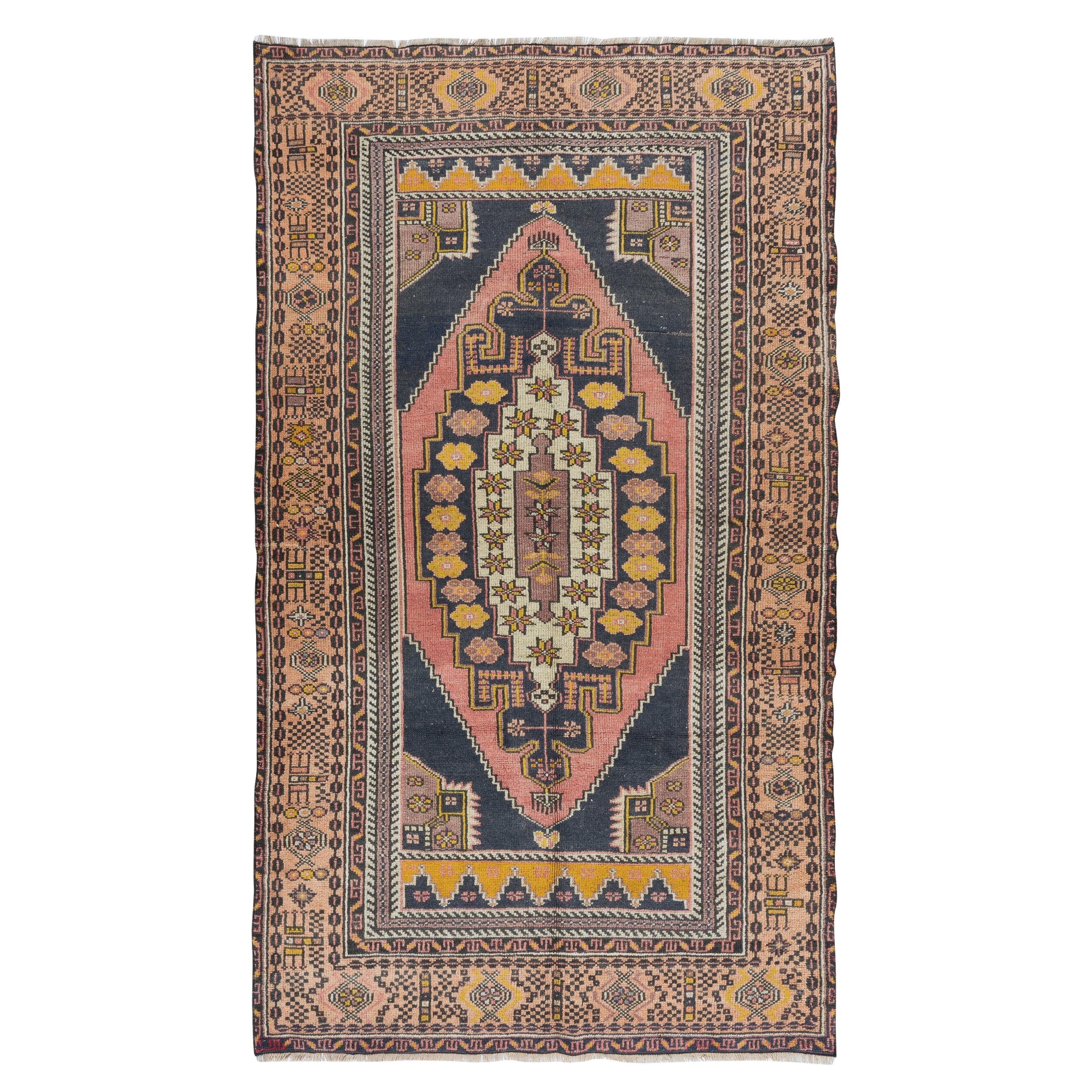 4.4x7.6 Ft Midcentury Oriental Rug, Hand Knotted Anatolian Tribal Wool Carpet For Sale