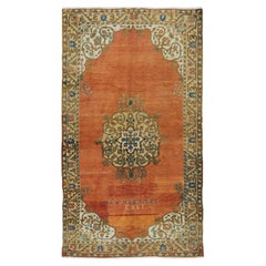 4.4x8 Ft 1963's Handmade Turkish Oriental Rug in Red, Brown, Cream and Blue