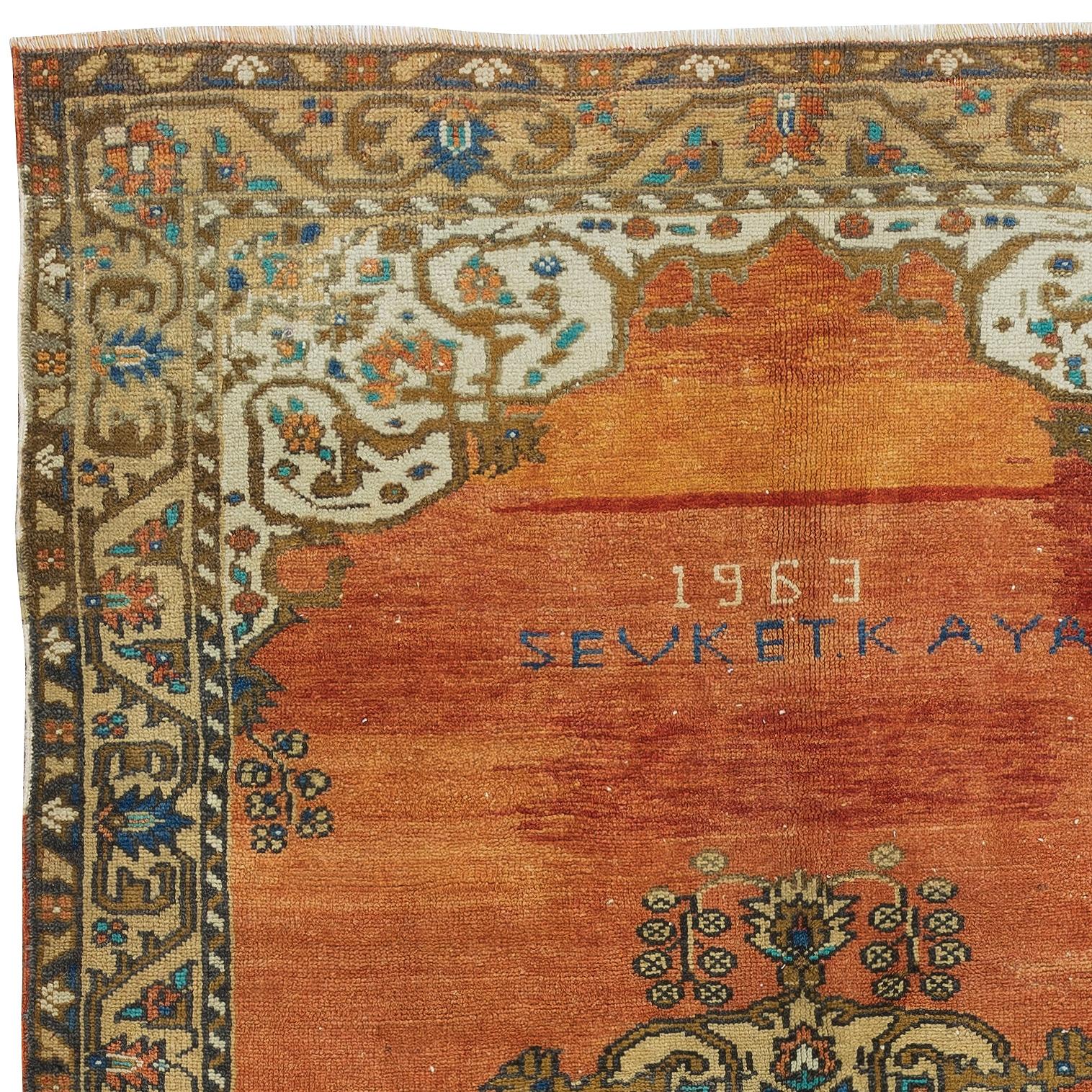 Hand-Woven 4.4x8 Ft - Dated 1963. Vintage One of a kind Turkish village Rug. 100% Wool. For Sale