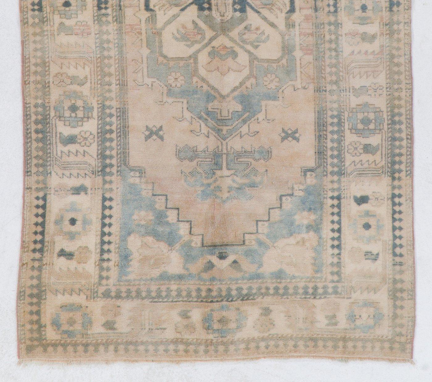 Turkish 4.4x8 Ft Vintage Anatolian Oushak Rug with Wool Pile in Faded Pink and Blue For Sale