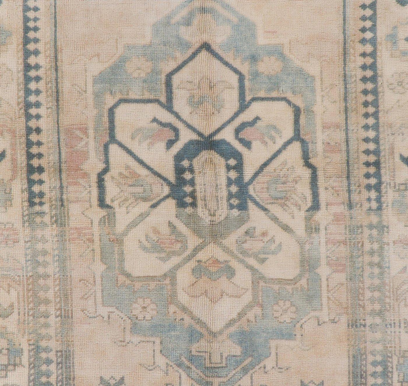Hand-Knotted 4.4x8 Ft Vintage Anatolian Oushak Rug with Wool Pile in Faded Pink and Blue For Sale