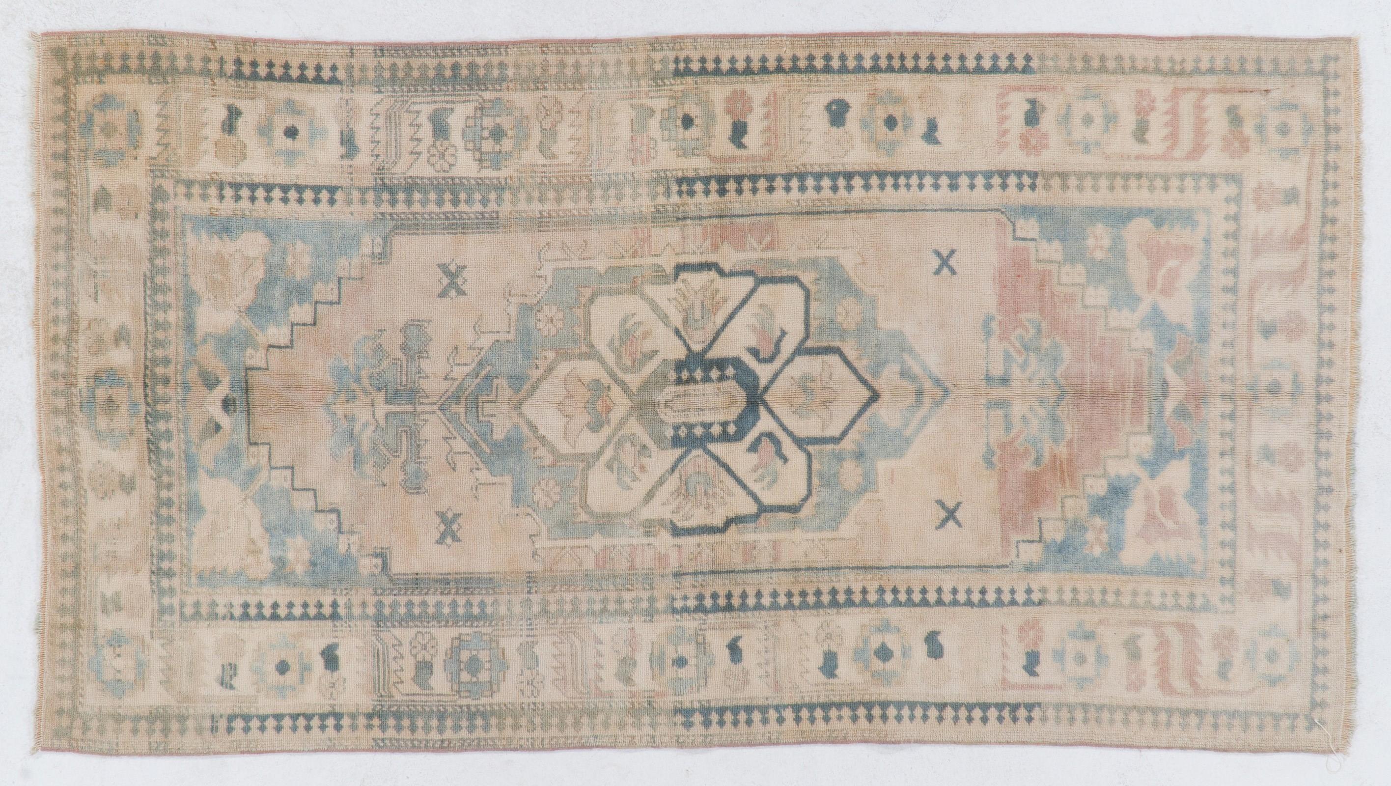 4.4x8 Ft Vintage Anatolian Oushak Rug with Wool Pile in Faded Pink and Blue In Good Condition For Sale In Philadelphia, PA