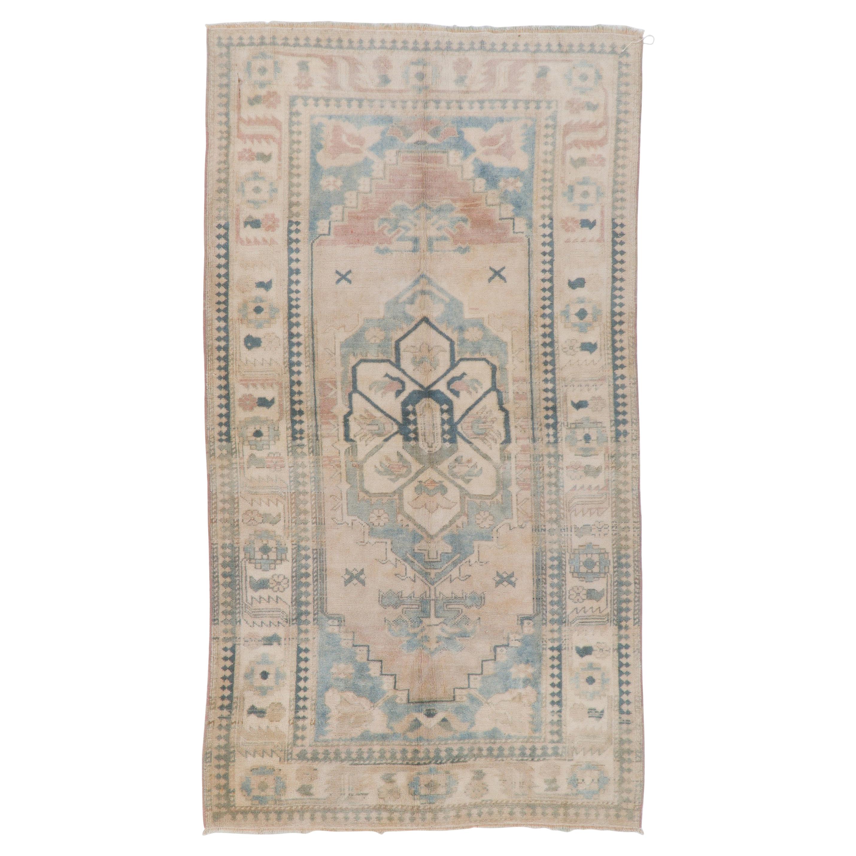 4.4x8 Ft Vintage Anatolian Oushak Rug with Wool Pile in Faded Pink and Blue For Sale