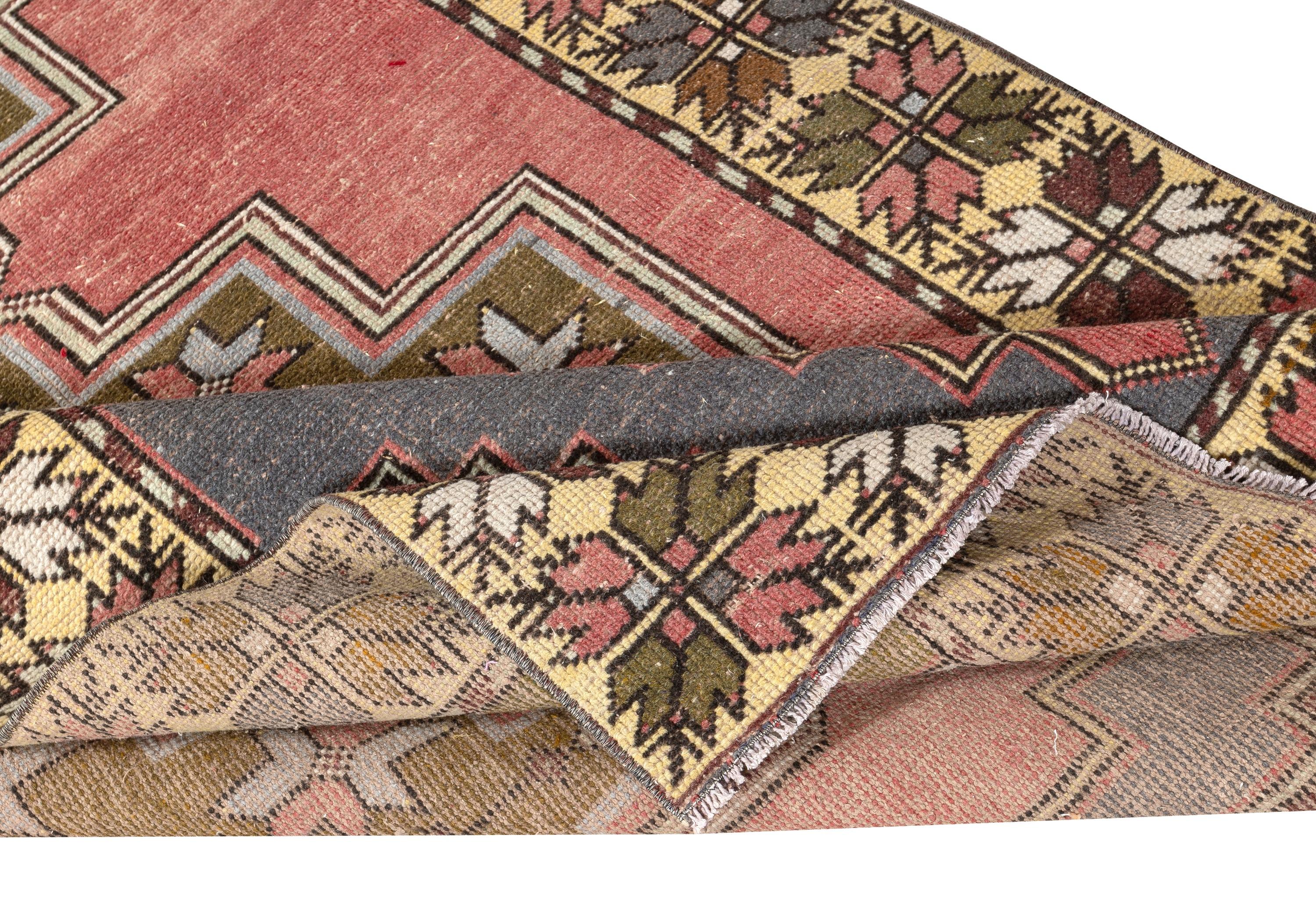 Rustic 4.4x9 Ft One-of-a-kind Vintage Oriental Rug with Tribal Motifs. 100% Wool For Sale