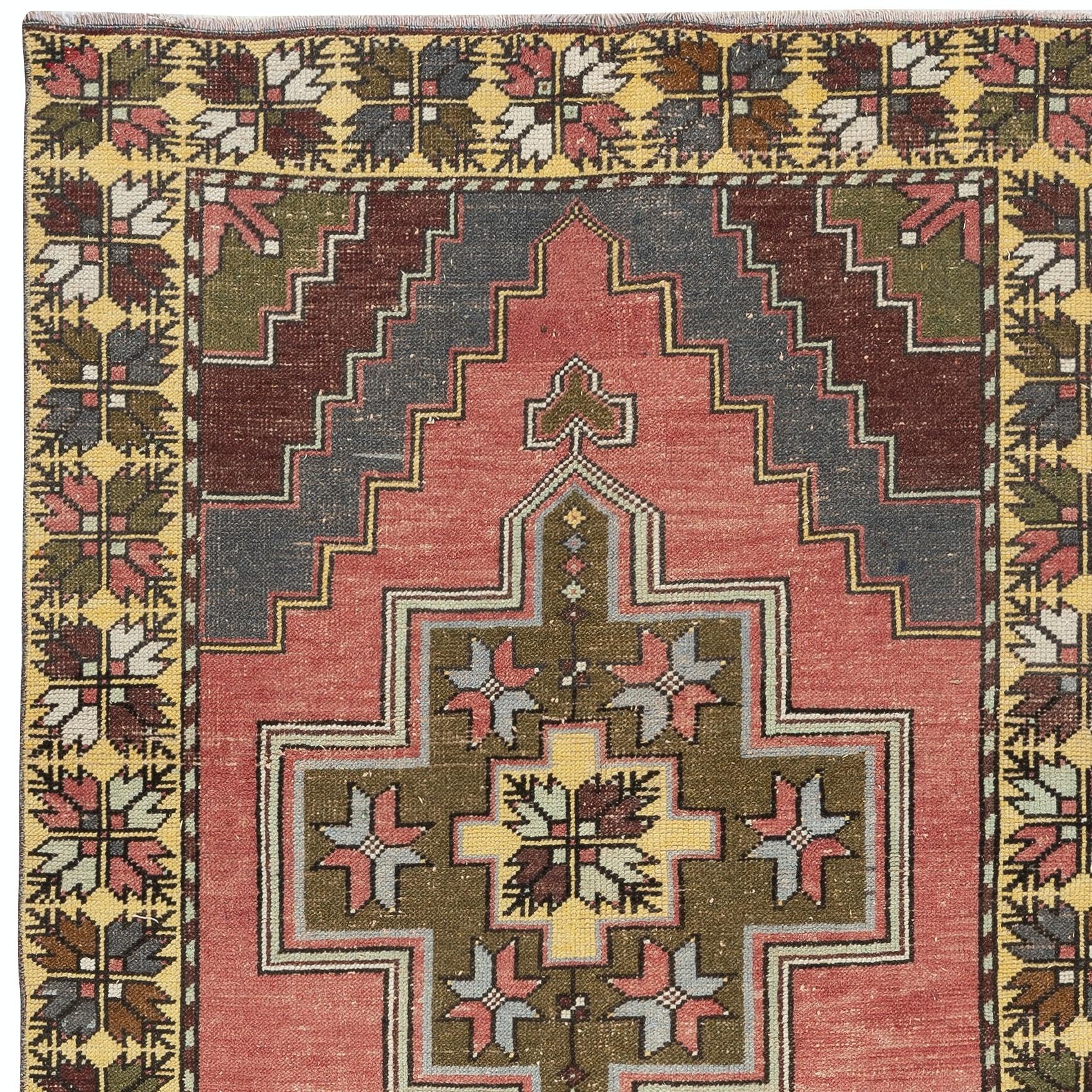 Hand-Knotted 4.4x9 Ft One-of-a-kind Vintage Oriental Rug with Tribal Motifs. 100% Wool For Sale