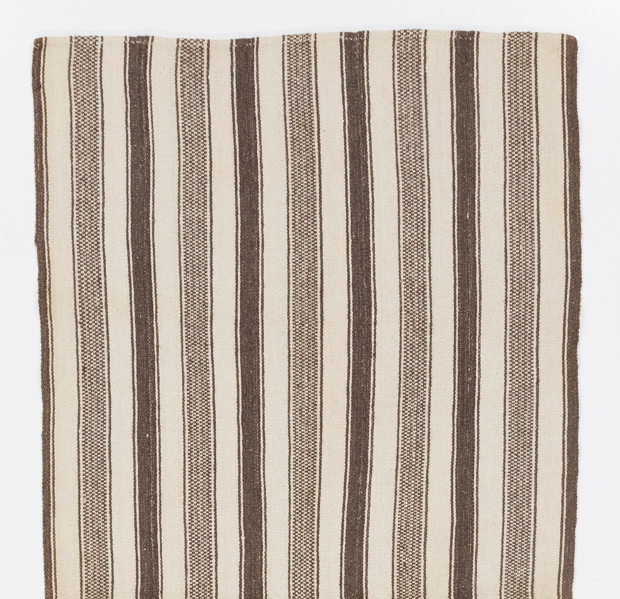 Hand-Woven 4.4x9.2 Ft Vintage Striped Turkish Kilim Rug Made of Natural Beige & Brown Wool For Sale