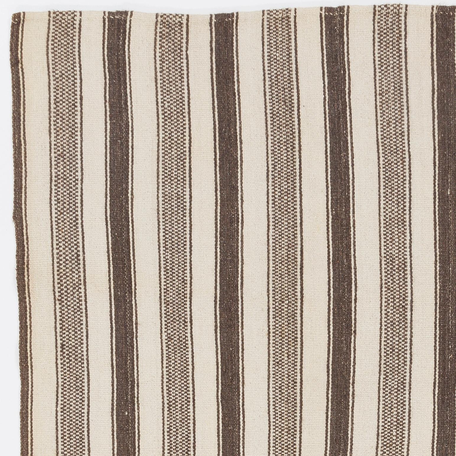 Hand-Woven 4.4x9.2 Ft Vintage Striped Turkish Kilim Rug Made of Natural Beige & Brown Wool For Sale