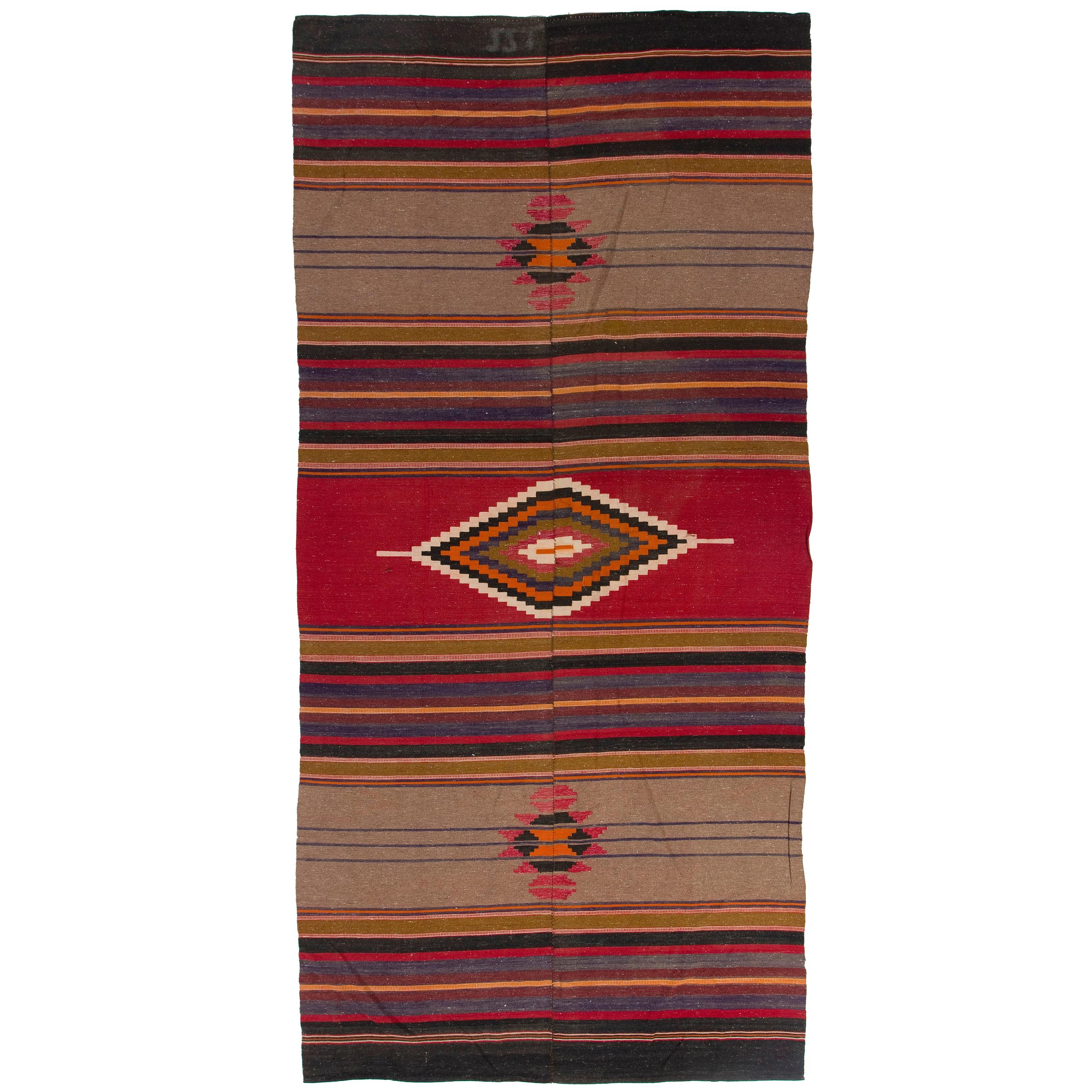 Tapis Kilim turc nomade vintage tissé à la main en laine à tissage plat 4.4x9,3 Ft