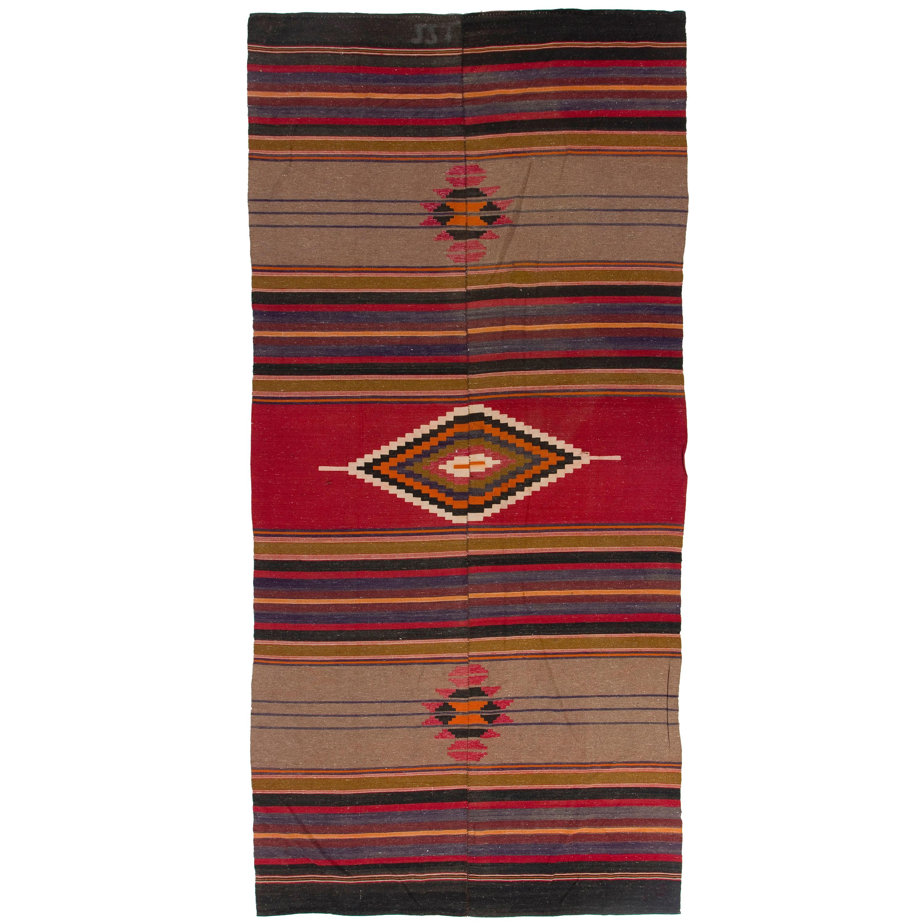 4.4x9.3 Ft Vintage Tejido a Mano Kilim Turco Nómada, Alfombra de Lana de Tejido Plano
