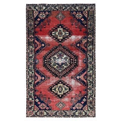 4'4"x9'3" Red Vintage Persian Viss Hand Knotted Pure Wool Wide Abrash Runner Rug