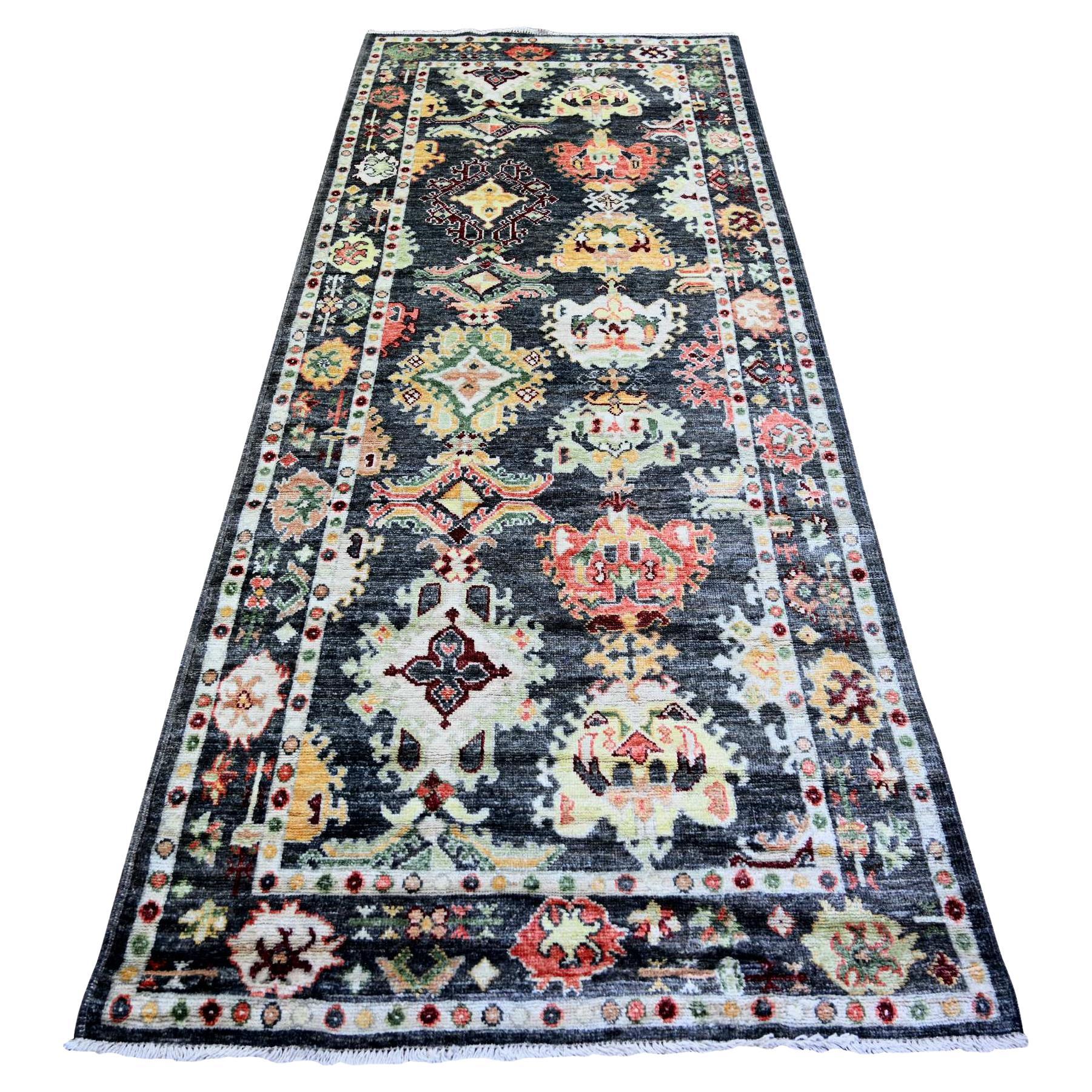4'4 "x9'6" Negro Carbón Angora Afgana Oushak Pop de Color Lana Alfombra Anudada a Mano