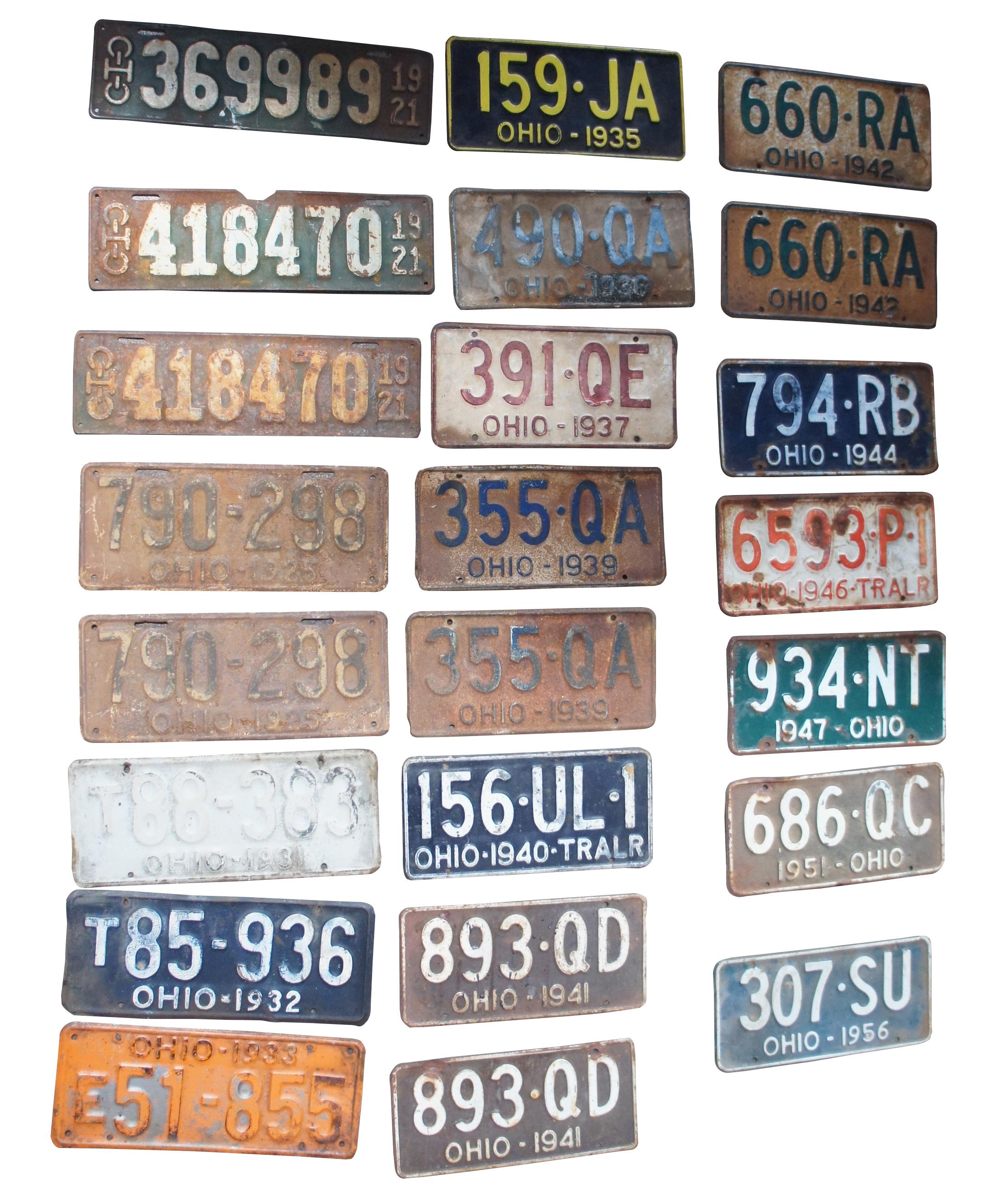 Neat collection of forty five antique and vintage Ohio license plates, ranging from the 1920’s to the 1970’s. Includes many pairs, trucks, trailers, seat belts fastened.

Including: 1921, 1925, 1931, 1932, 1933, 1935, 1936, 1937, 1939, 1940, 1941,