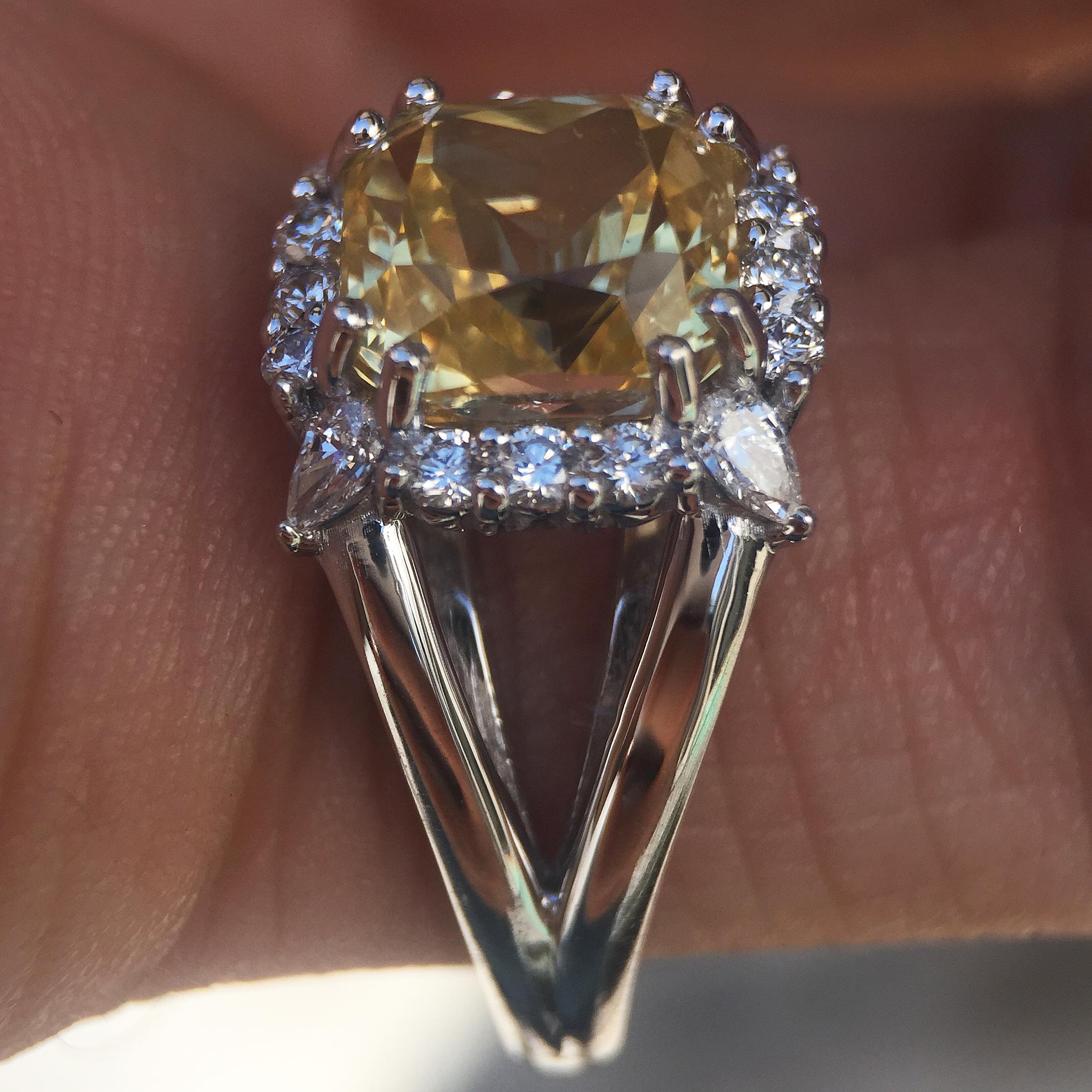 Modern 4.5 Carat Approximate, Cushion Yellow Sapphire and Diamond Pave Ring, Ben Dannie For Sale