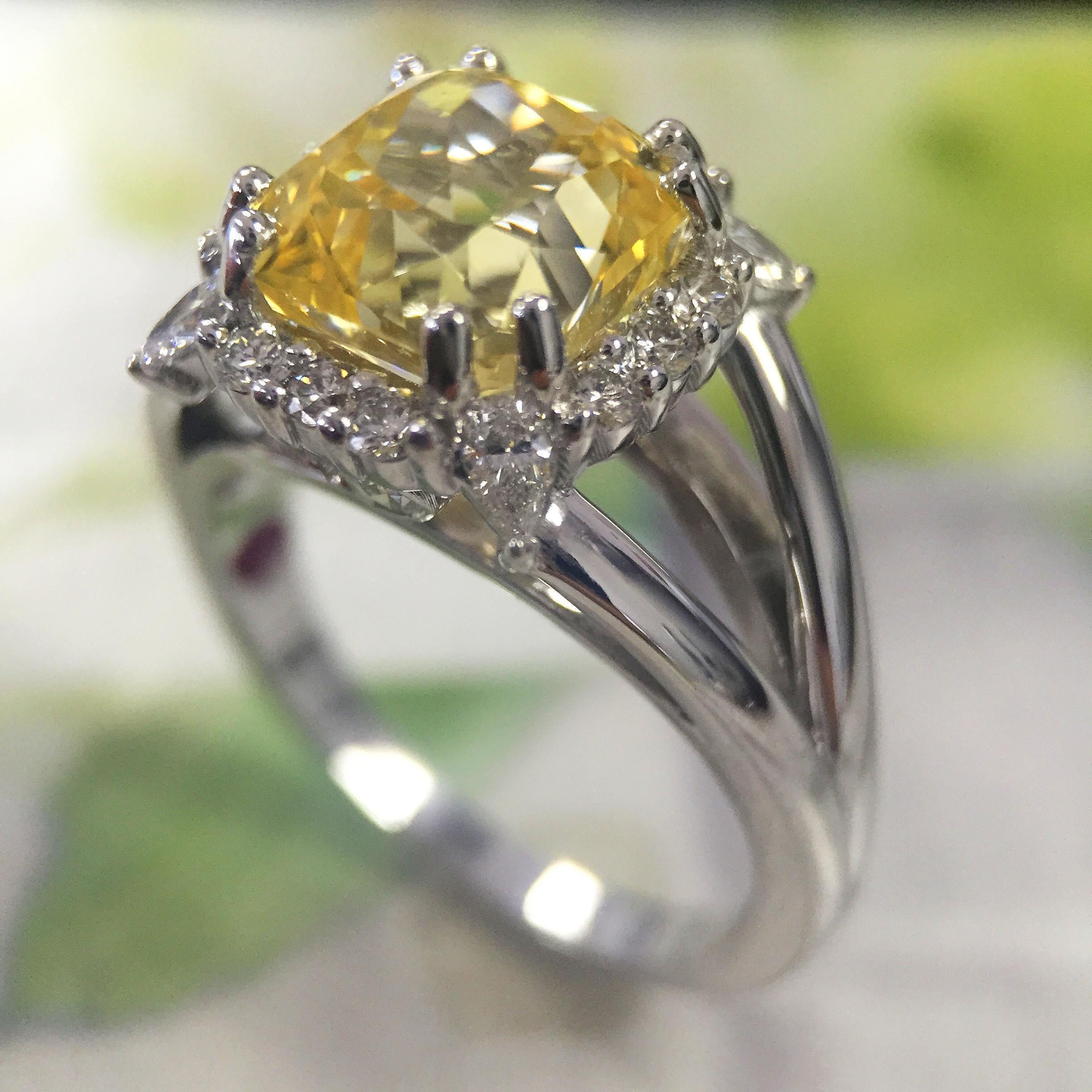 Round Cut 4.5 Carat Approximate, Cushion Yellow Sapphire and Diamond Pave Ring, Ben Dannie For Sale