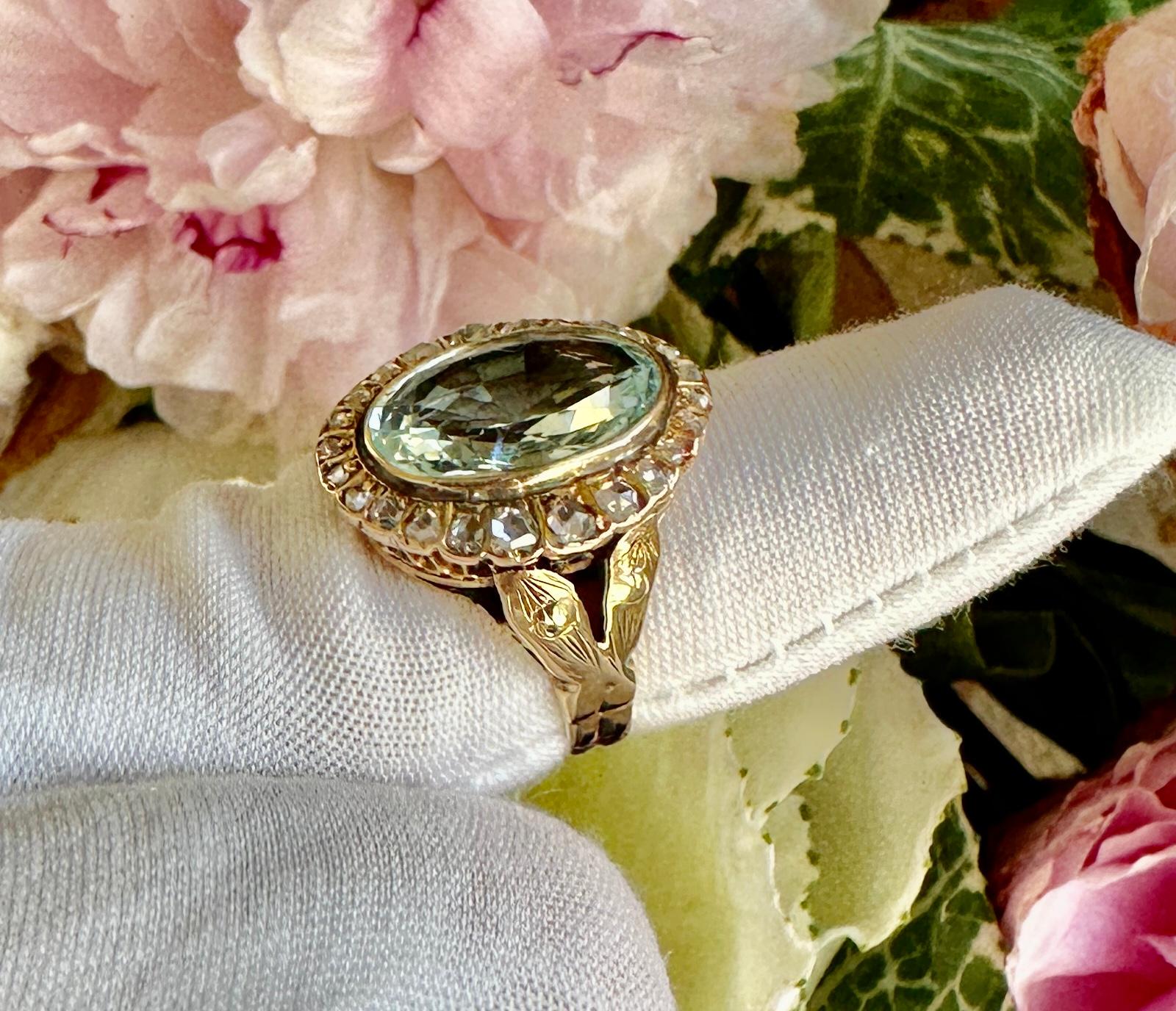 4.5 Carat Aquamarine 24 Rose Cut Diamond Halo Ring Gold Victorian Cocktail In Excellent Condition For Sale In New York, NY