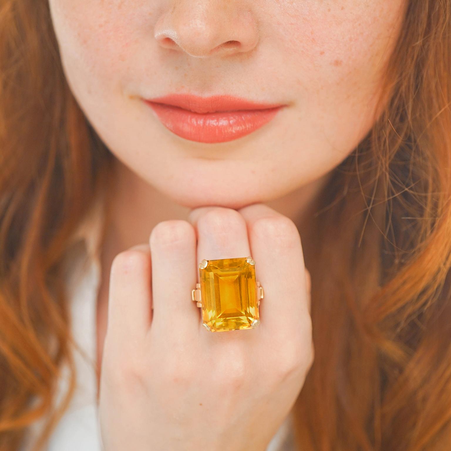 45 Carat Art Deco Citrine Ring In Excellent Condition In Litchfield, CT