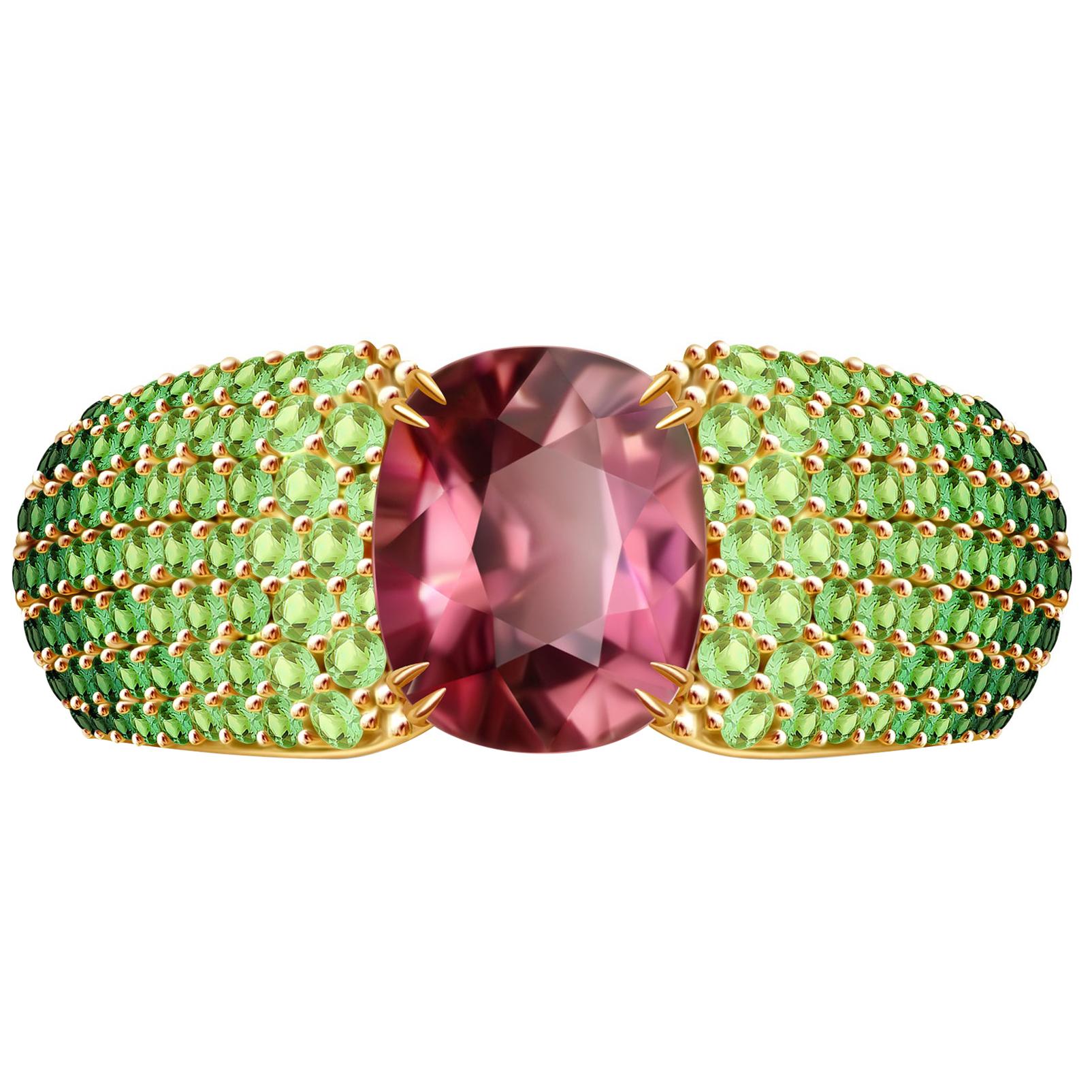 4.5 Carat "Autumn" Tourmaline and Tsavorite 14 Karat Yellow Gold Ring