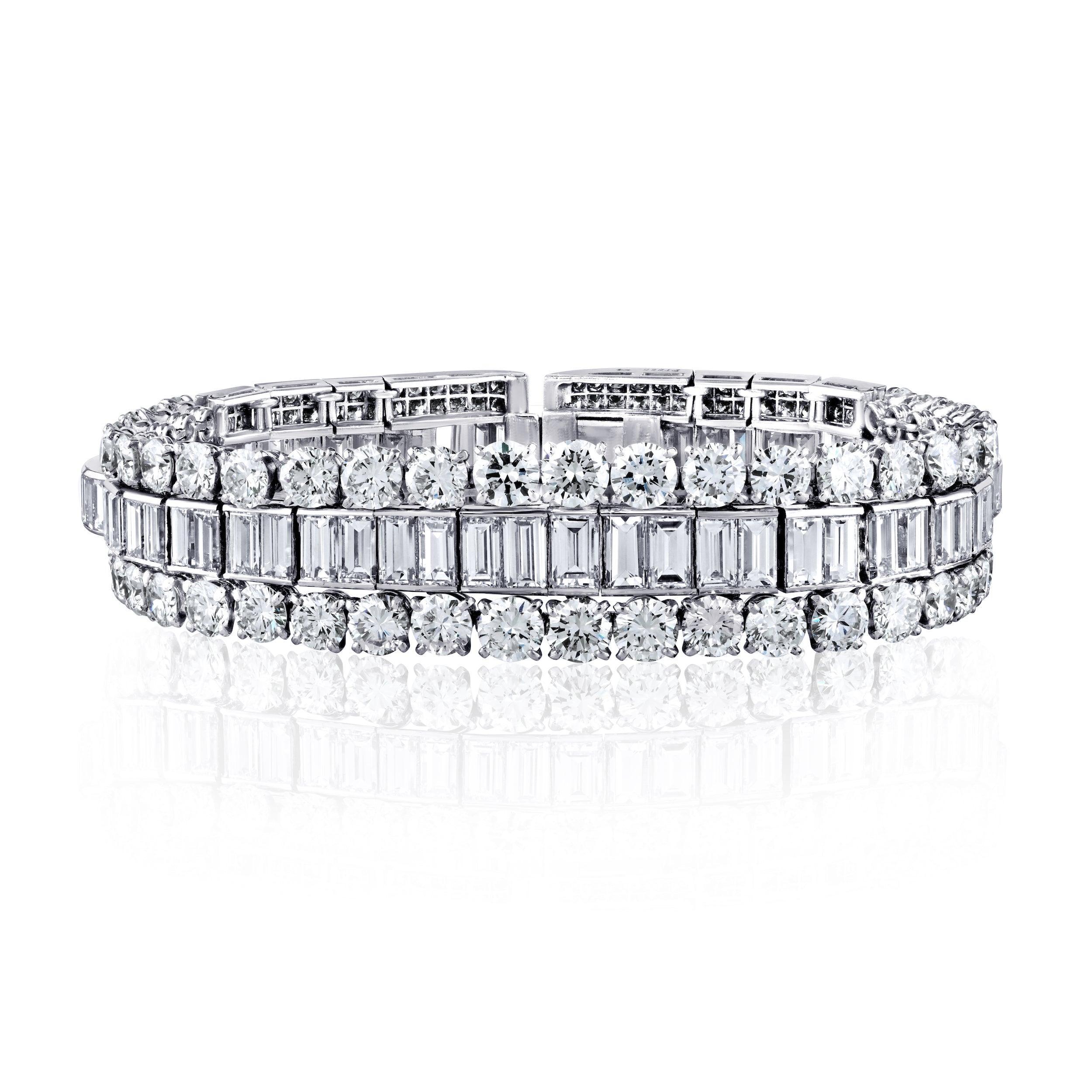 Indulge in the allure of this unique, one-of-a-kind bracelet. Set with eye-clean, E-F color natural diamonds, showcasing a total of 45 carats in diamonds.

Crafted with meticulous attention to detail, the bracelet features a seamless design that