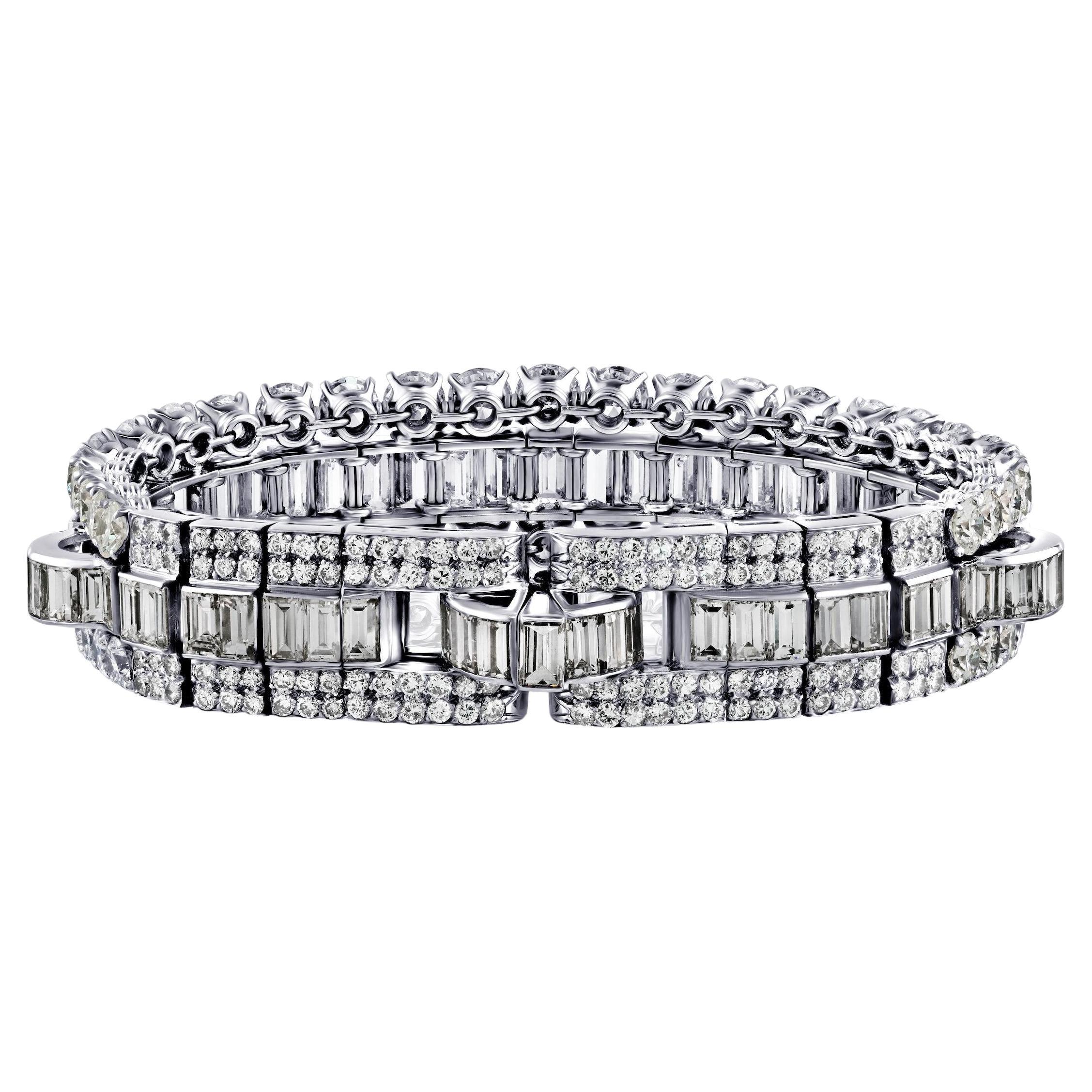 45 Carat Baguette and Round Cut Natural E-F Color Diamond Bracelet in Platinum For Sale