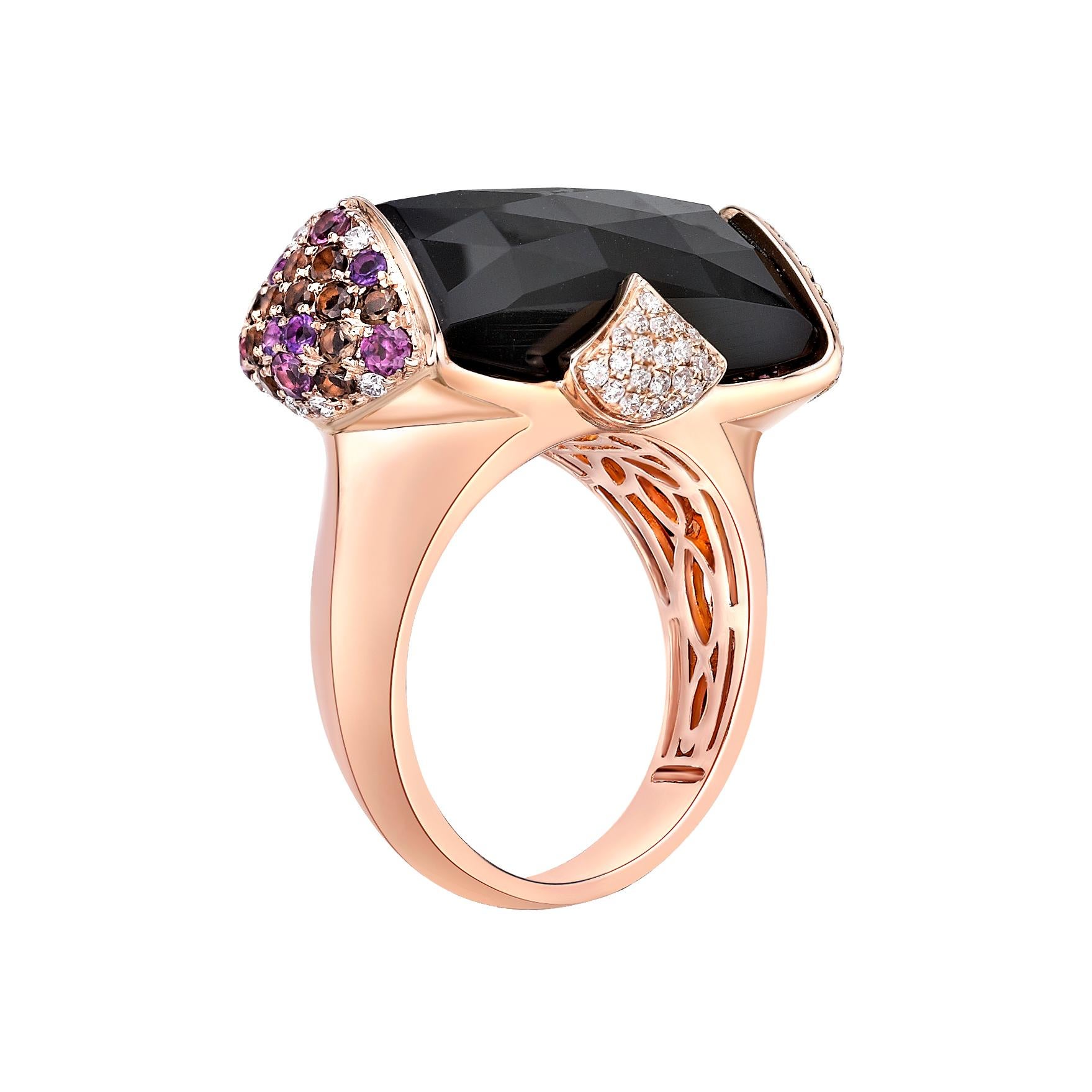 Contemporary 45 Carat Black Onyx Ring and Earring Set in 18 Karat Rose Gold with Diamonds For Sale