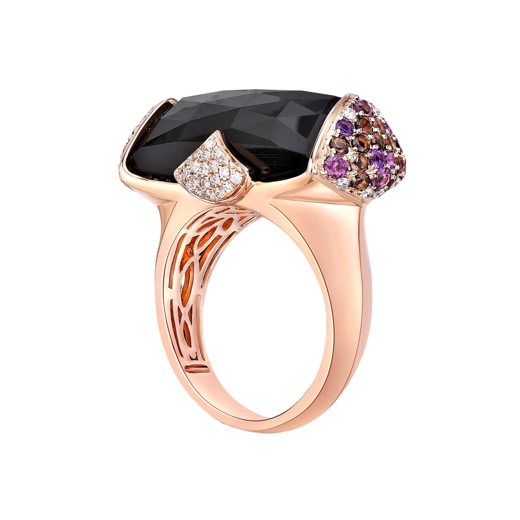 Briolette Cut 45 Carat Black Onyx Ring and Earring Set in 18 Karat Rose Gold with Diamonds For Sale