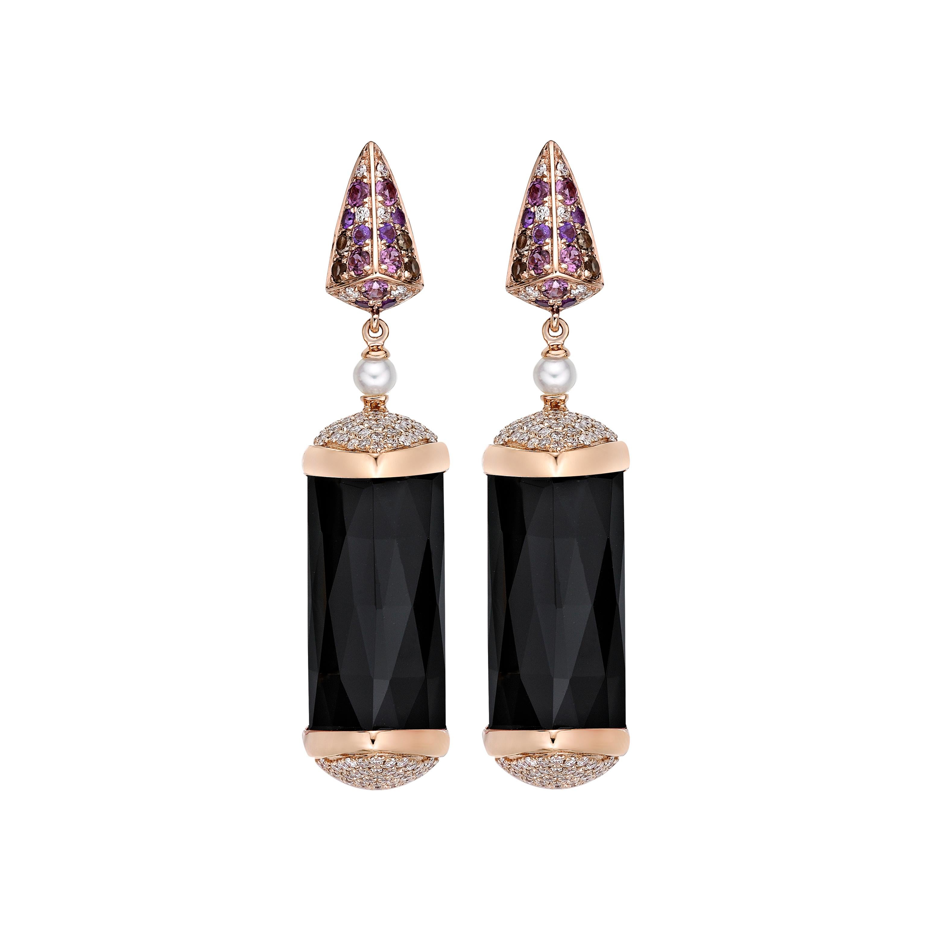Women's 45 Carat Black Onyx Ring and Earring Set in 18 Karat Rose Gold with Diamonds For Sale