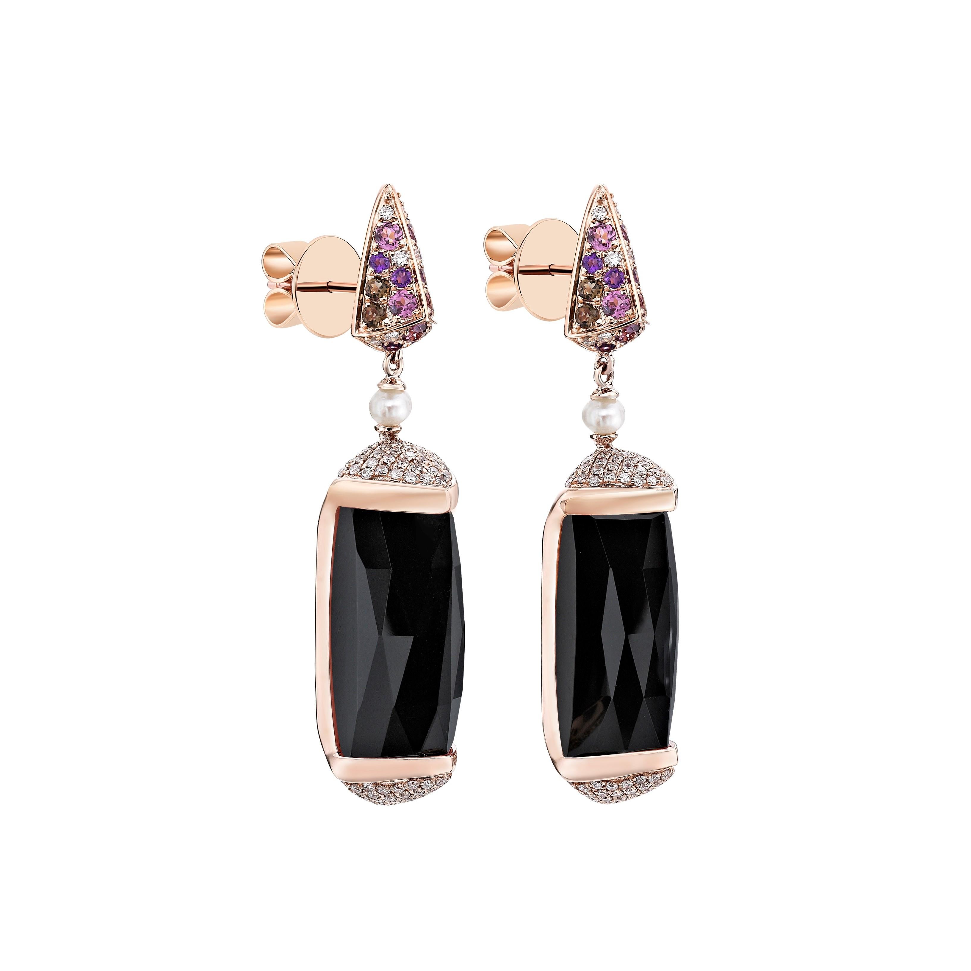 45 Carat Black Onyx Ring and Earring Set in 18 Karat Rose Gold with Diamonds For Sale 1