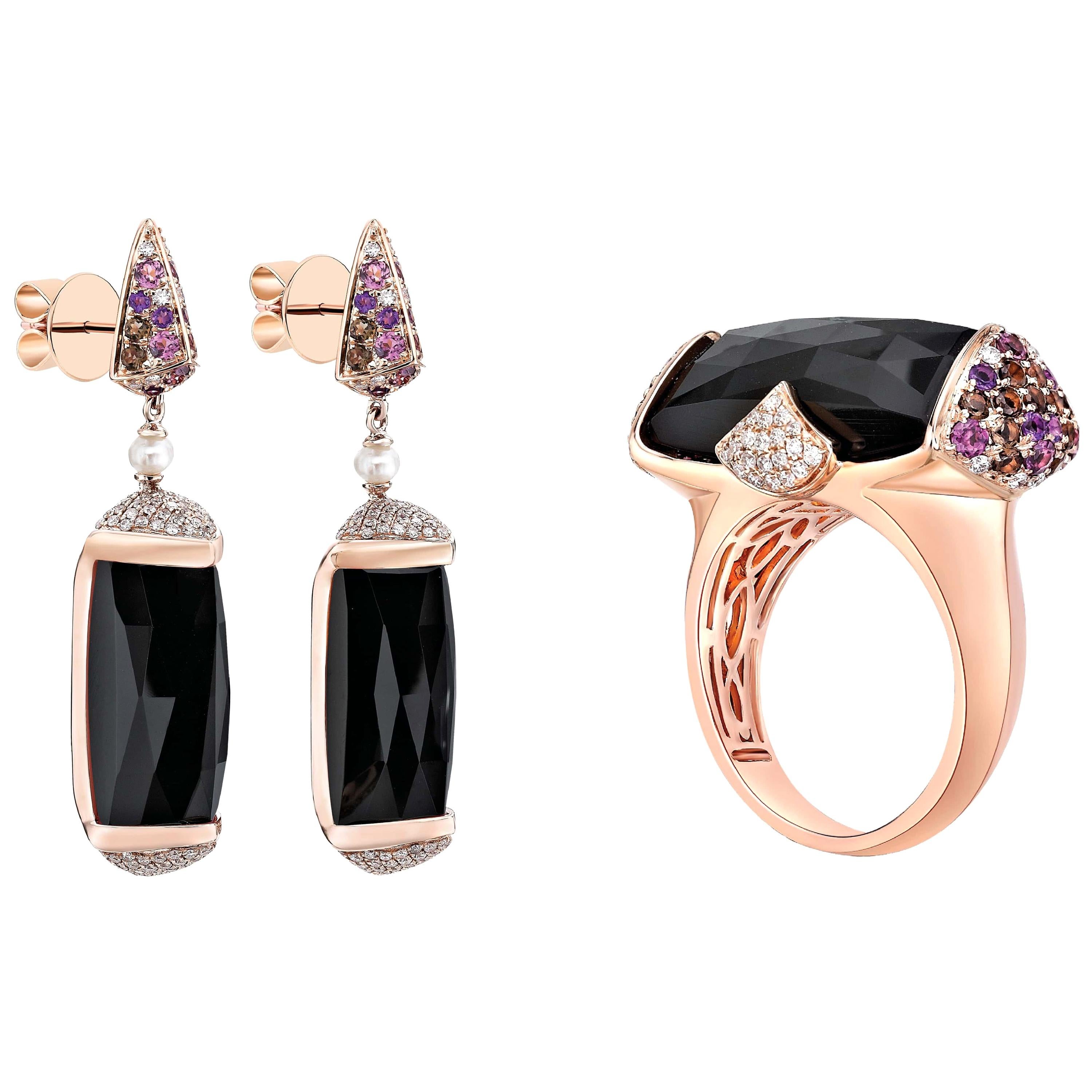 45 Carat Black Onyx Ring and Earring Set in 18 Karat Rose Gold with Diamonds For Sale